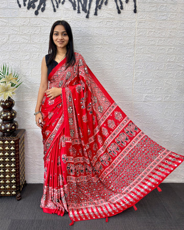 Rust Red Modal Silk Saree with Elephant Motif Ajrakh Print & Designer Pallu | Traditional Ethnic Festive Wear Saree