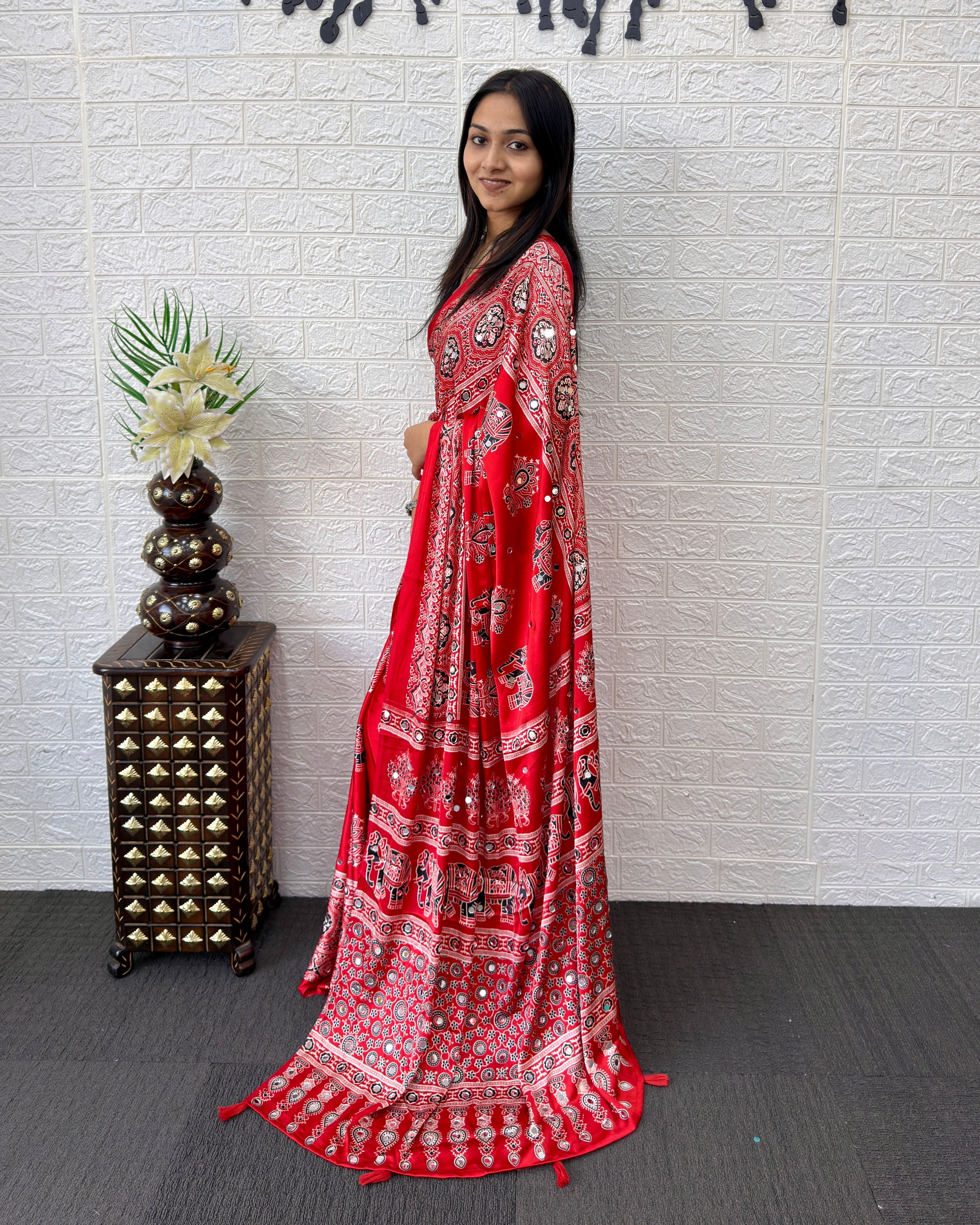 Rust Red Modal Silk Saree with Elephant Motif Ajrakh Print & Designer Pallu | Traditional Ethnic Festive Wear Saree