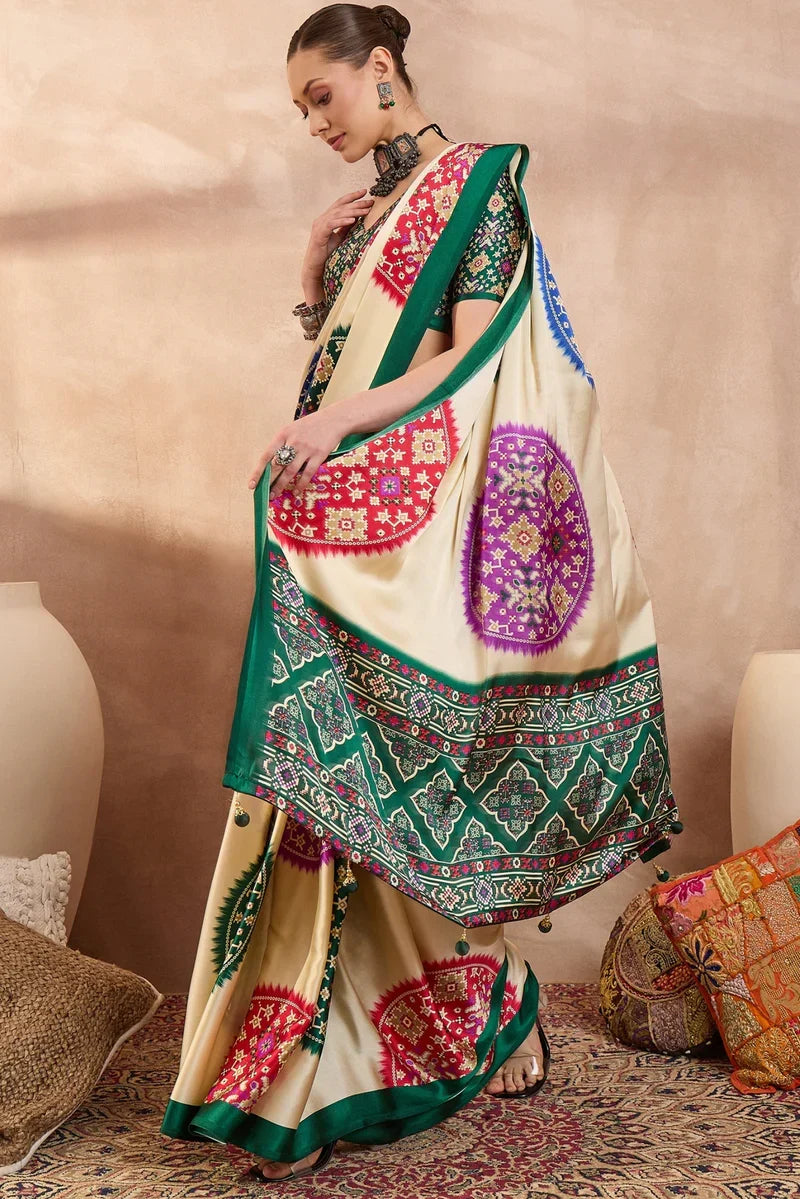 Cream Modal Silk Saree with Multicolor Patola-Inspired Print & Emerald Green Border | Traditional Festive Wear Saree