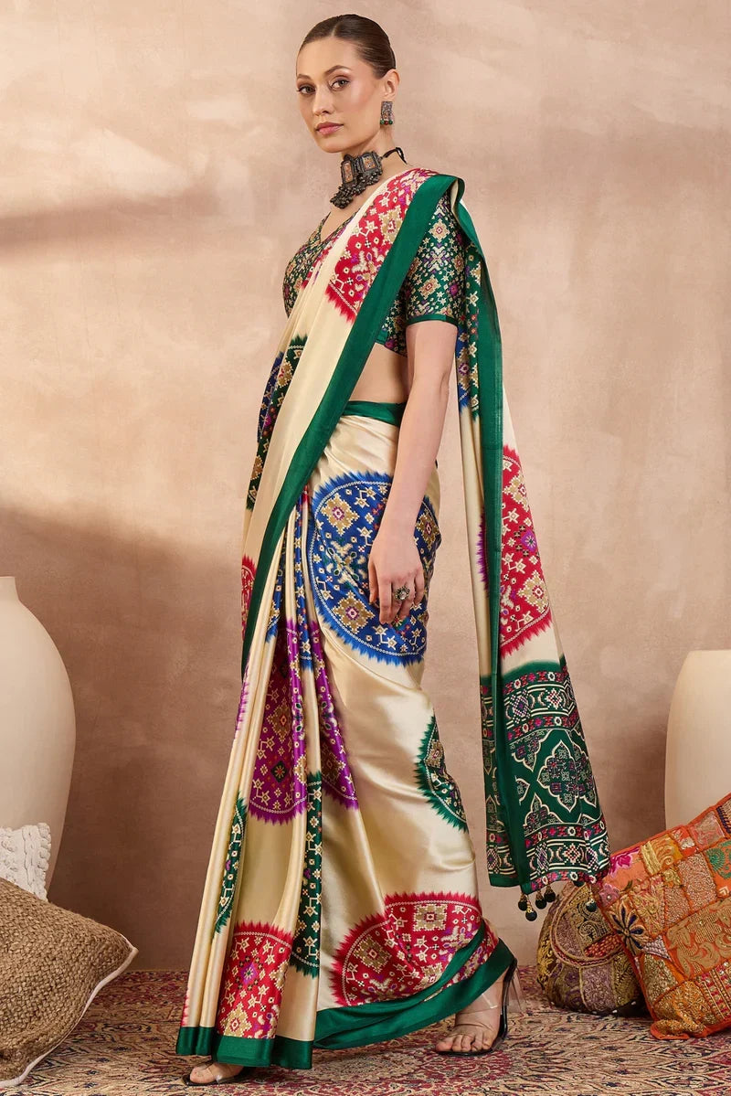 Cream Modal Silk Saree with Multicolor Patola-Inspired Print & Emerald Green Border | Traditional Festive Wear Saree