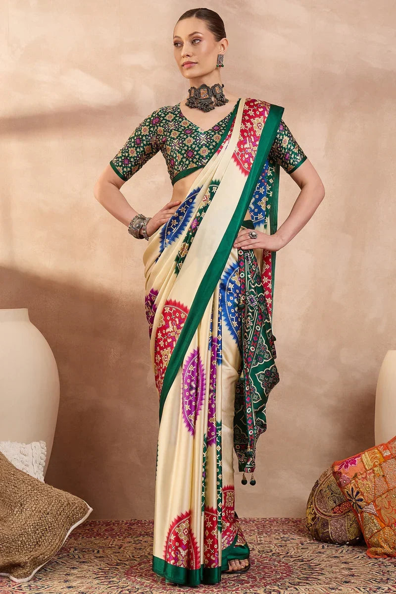 Cream Modal Silk Saree with Multicolor Patola-Inspired Print & Emerald Green Border | Traditional Festive Wear Saree