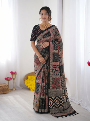 Black Modal Silk Saree with Tribal & Geometric Print | Designer Heritage Pallu Saree for Festive Wear