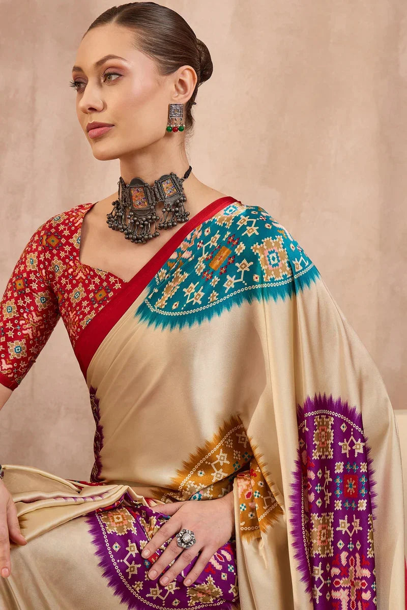 Cream Modal Silk Saree with Multicolor Patola-Inspired Print & Ruby Red Border | Designer Festive Wear Saree