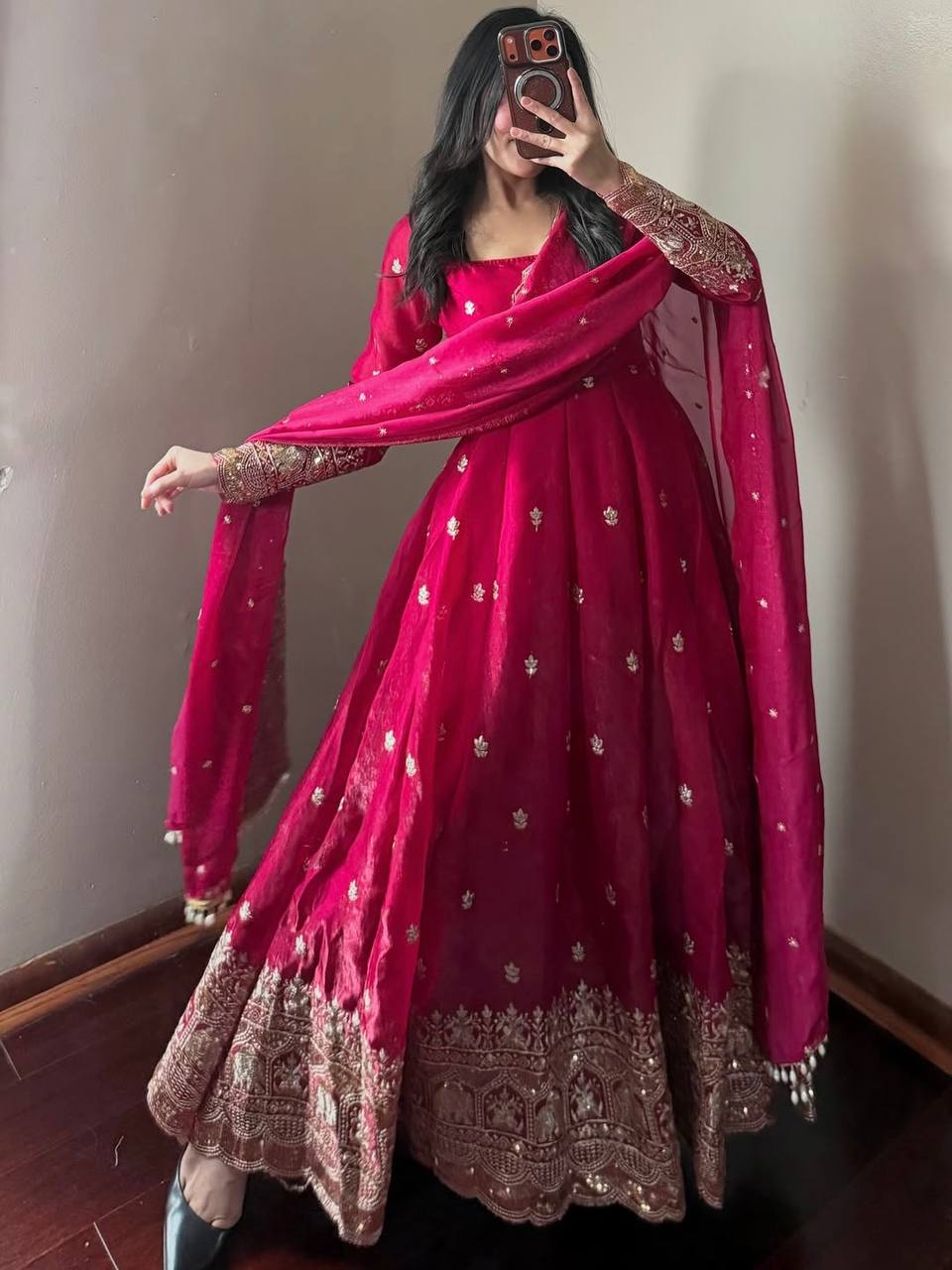 Vibrant Magenta-Pink Fendy Silk Embroidered Sequins Work Suit Set