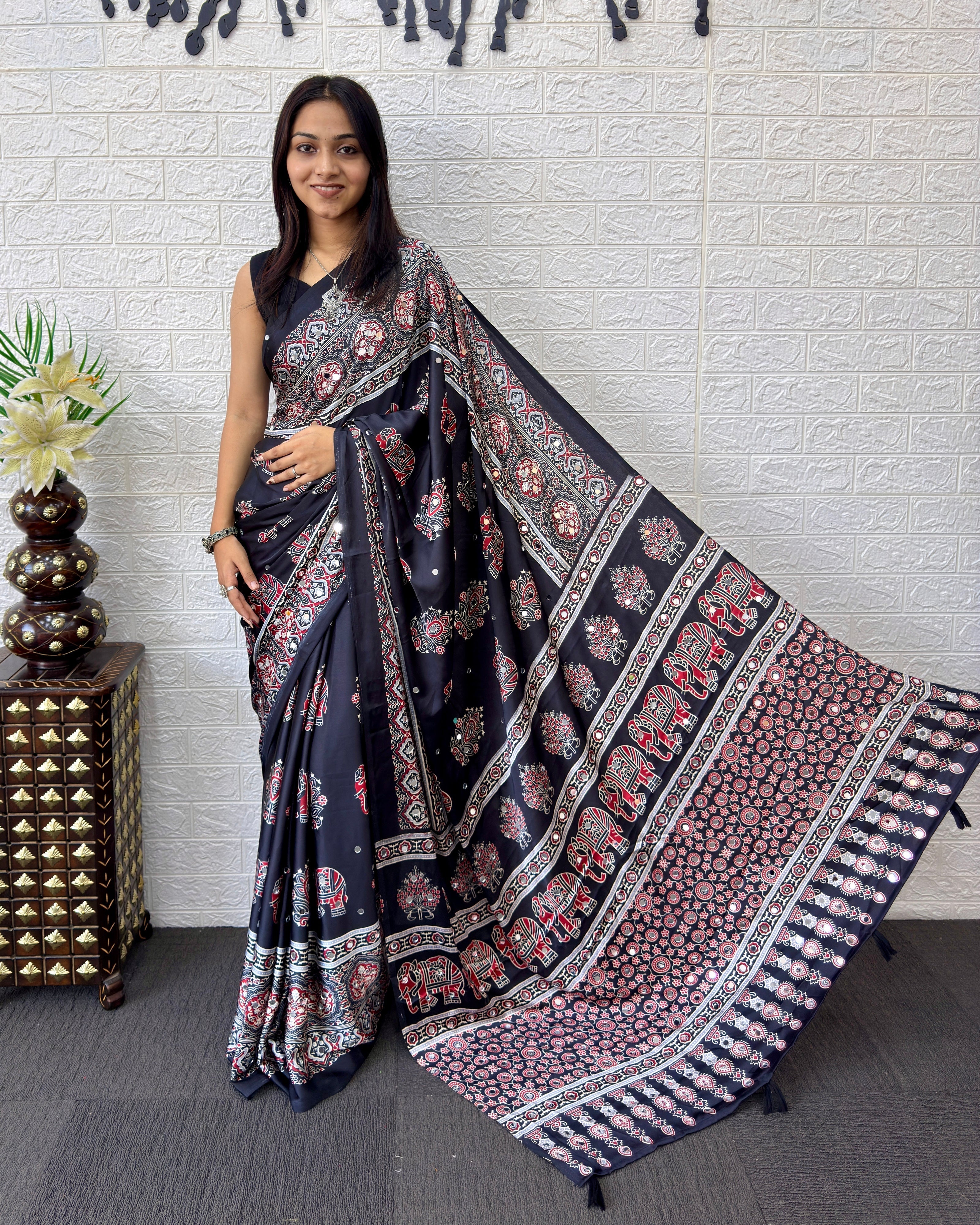 Black Modal Silk Saree with Elephant Motif Ajrakh Print & Heritage Designer Pallu | Traditional Festive Wear Saree