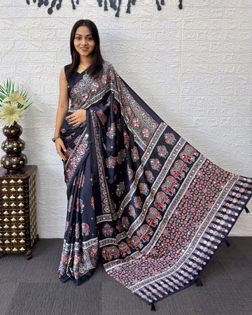 Black Modal Silk Saree with Elephant Motif Ajrakh Print & Heritage Designer Pallu | Traditional Festive Wear Saree