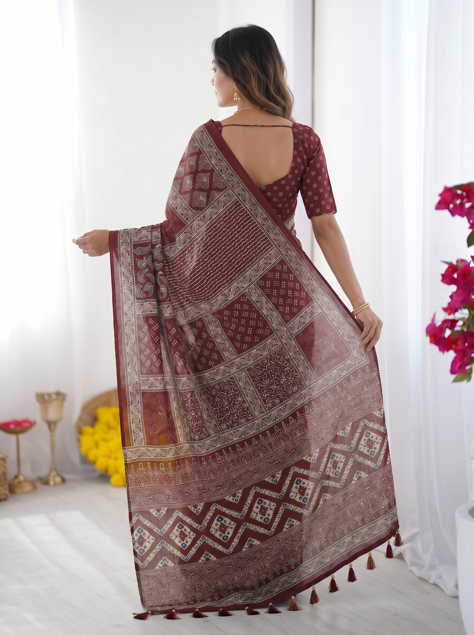 Maroon Modal Silk Saree with Tribal & Geometric Print | Designer Ethnic Pallu Saree for Festive & Cultural Wear