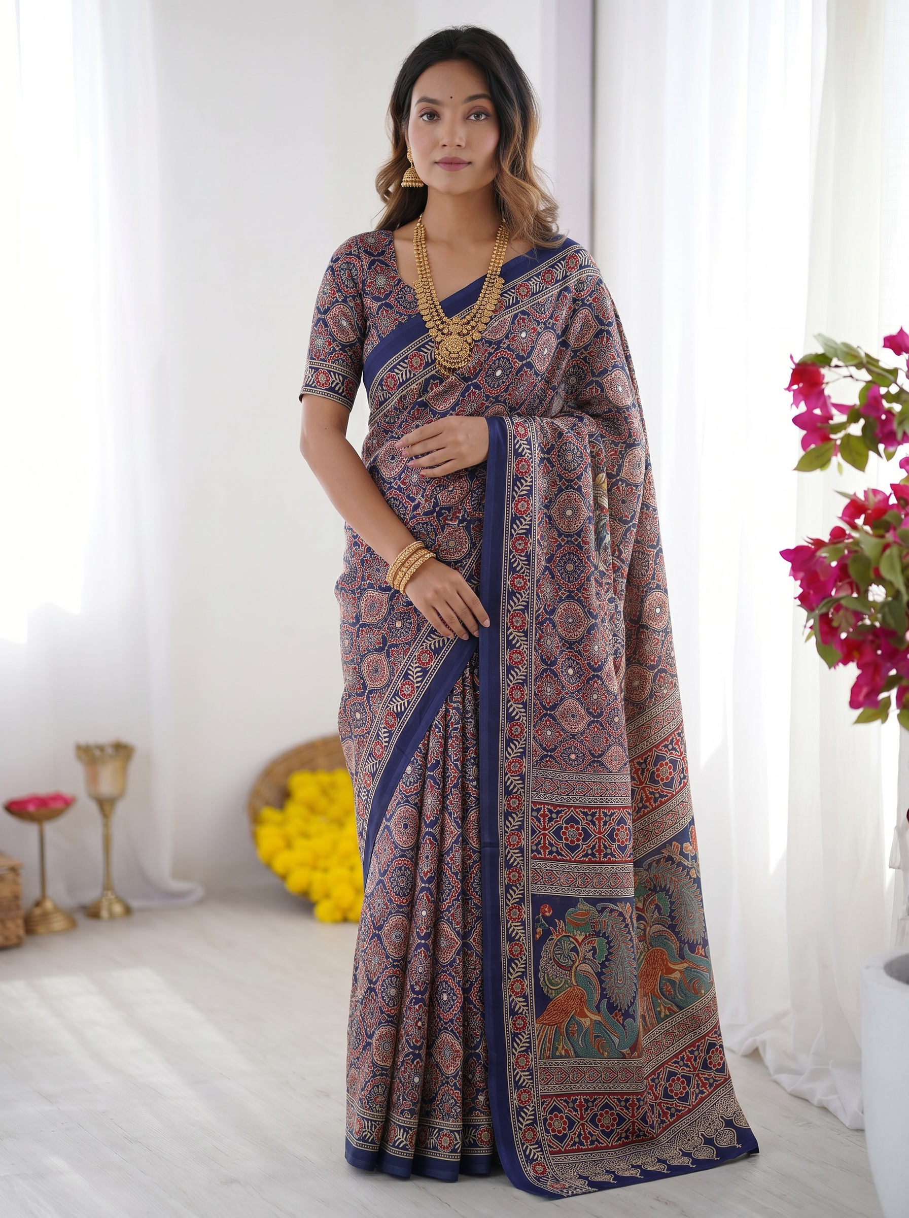 Royal Blue Modal Silk Saree with Intricate Ajrakh-Inspired Geometric Prints, Peacock Artistic Pallu & Traditional Border