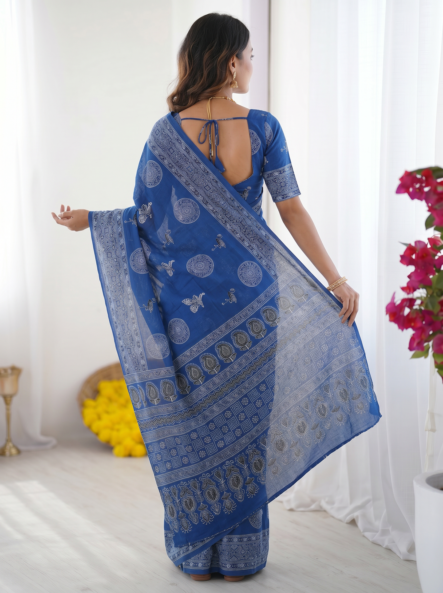 Royal Blue Modal Silk Saree with Paisley & Circular Motif Print | Designer Heritage Pallu Saree for Festive Wear