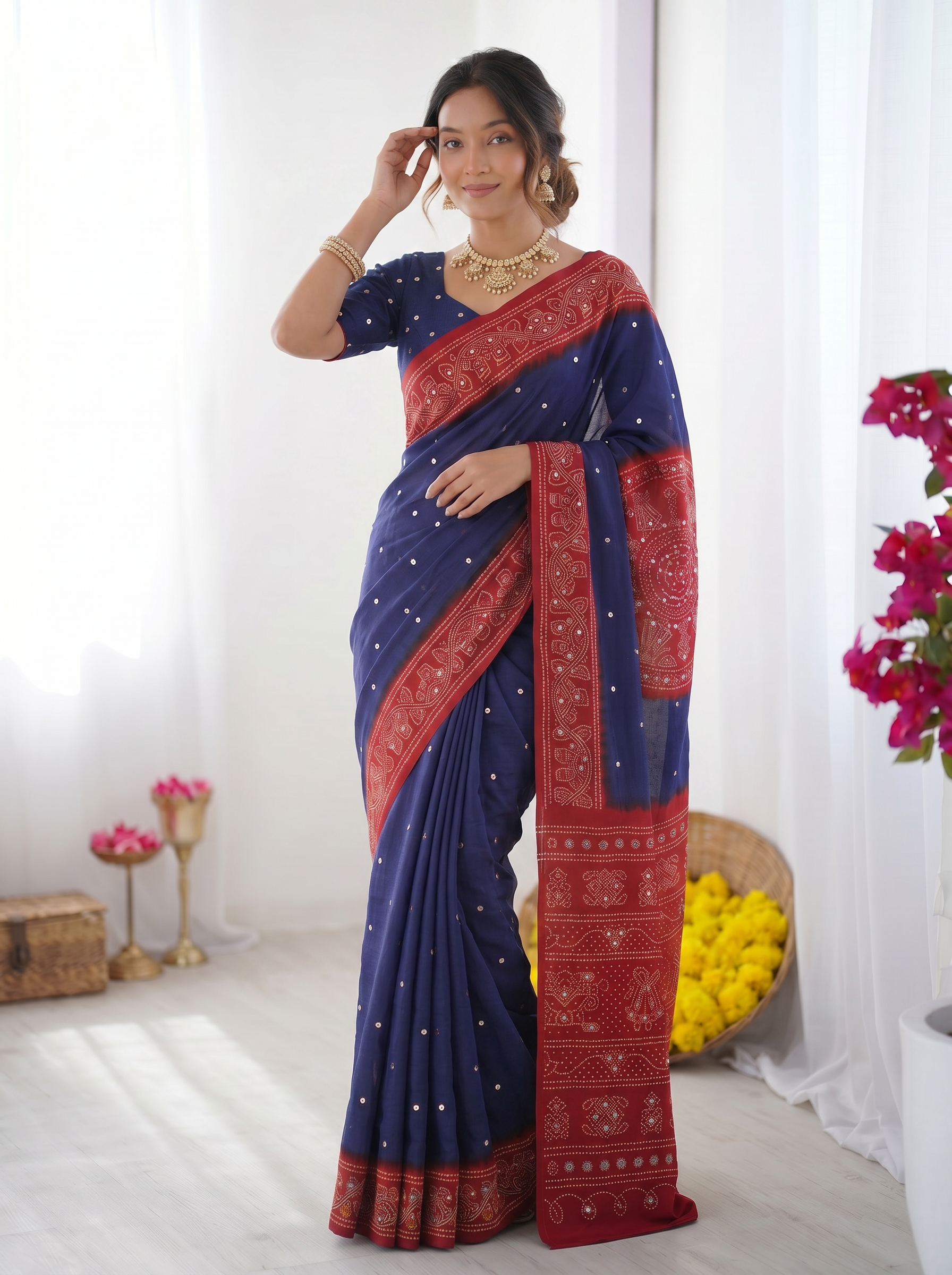 Royal Blue & Crimson Red Bandhani Inspired Modal Silk Saree with Traditional Folk Art Pallu & Stone Embellishments