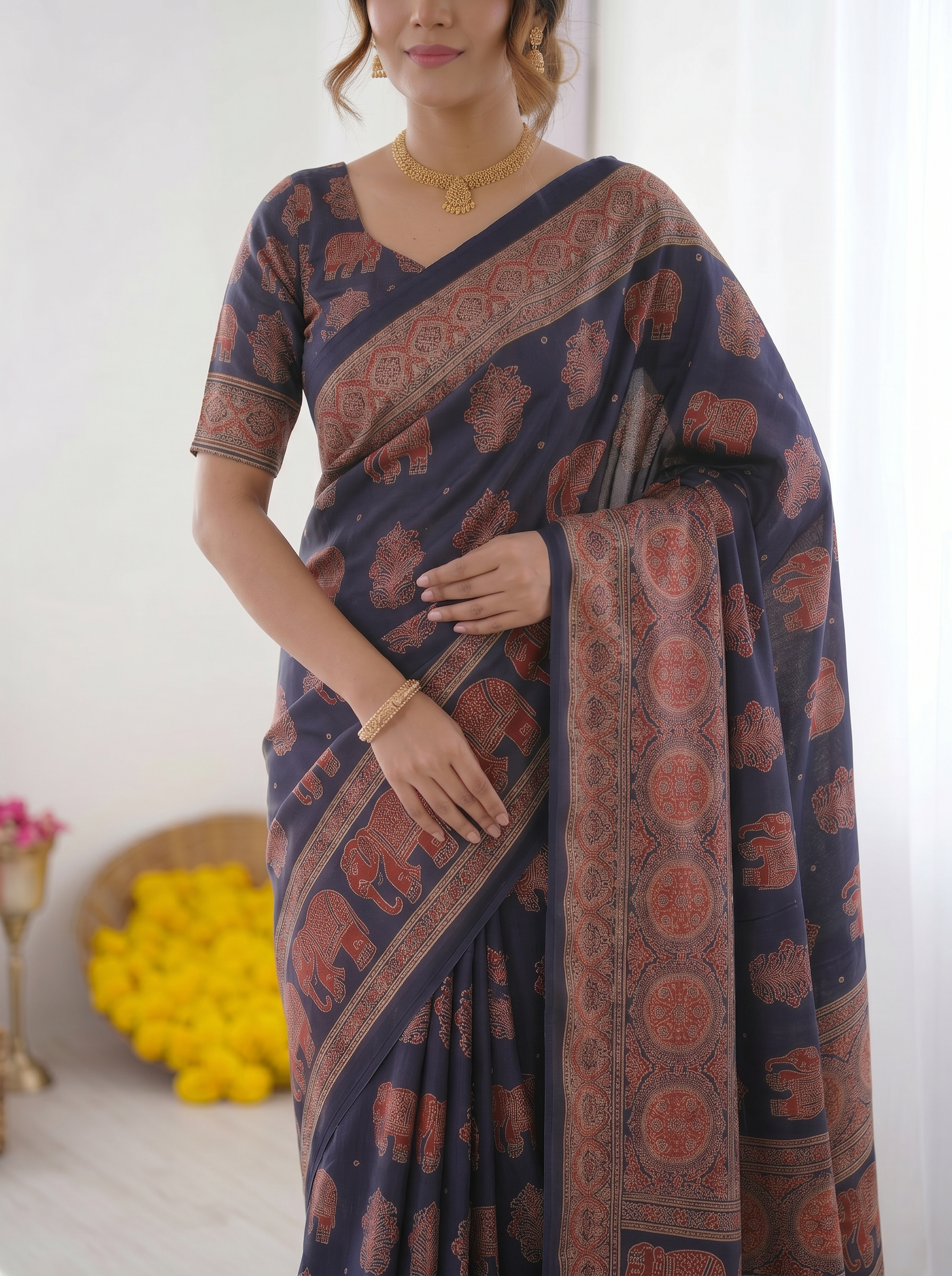 Navy Blue Modal Silk Saree with Elephant Motif Ajrakh Print & Heritage Designer Pallu | Traditional Festive Wear Saree