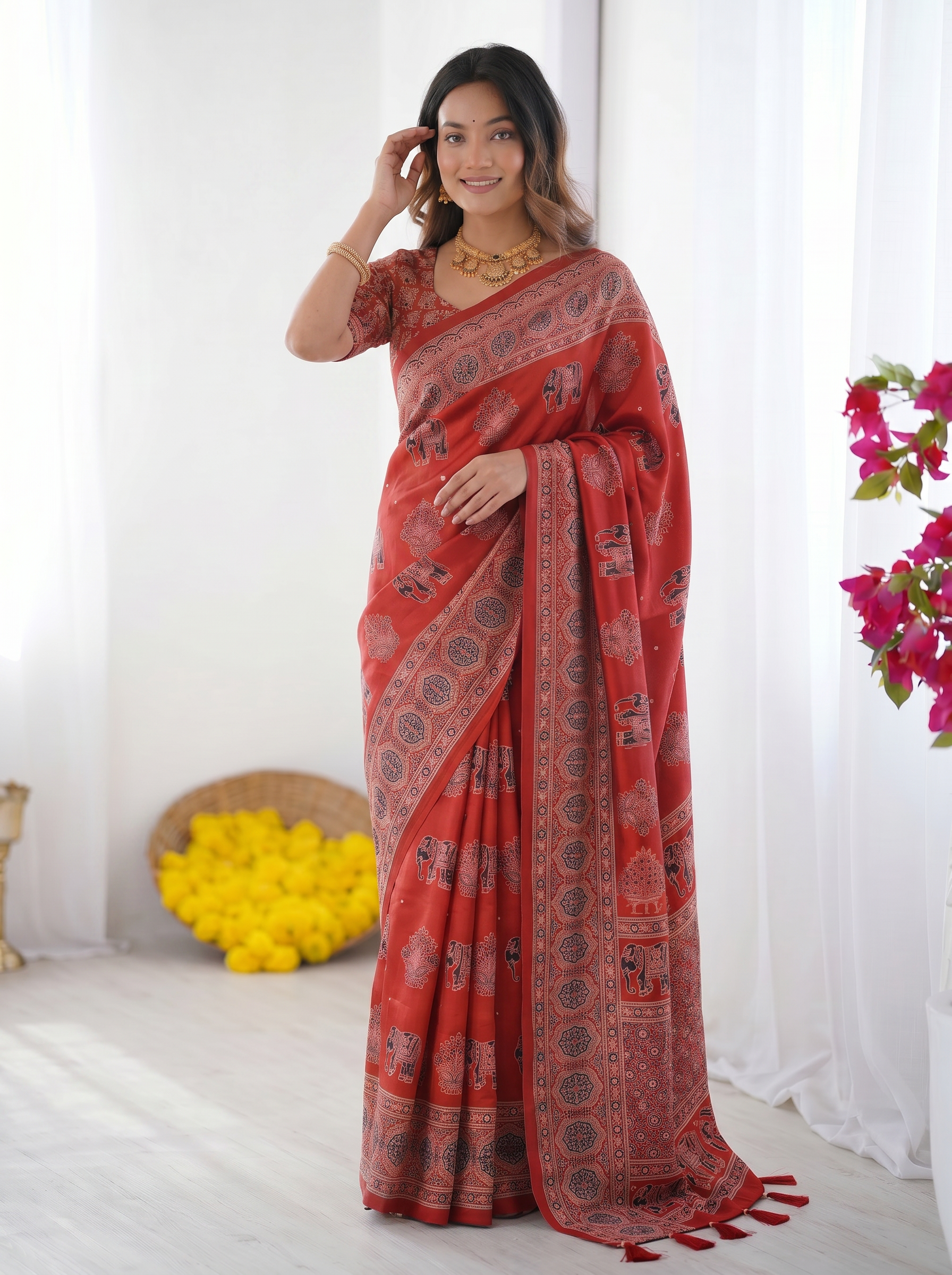 Rust Red Modal Silk Saree with Elephant Motif Ajrakh Print & Designer Pallu | Traditional Ethnic Festive Wear Saree
