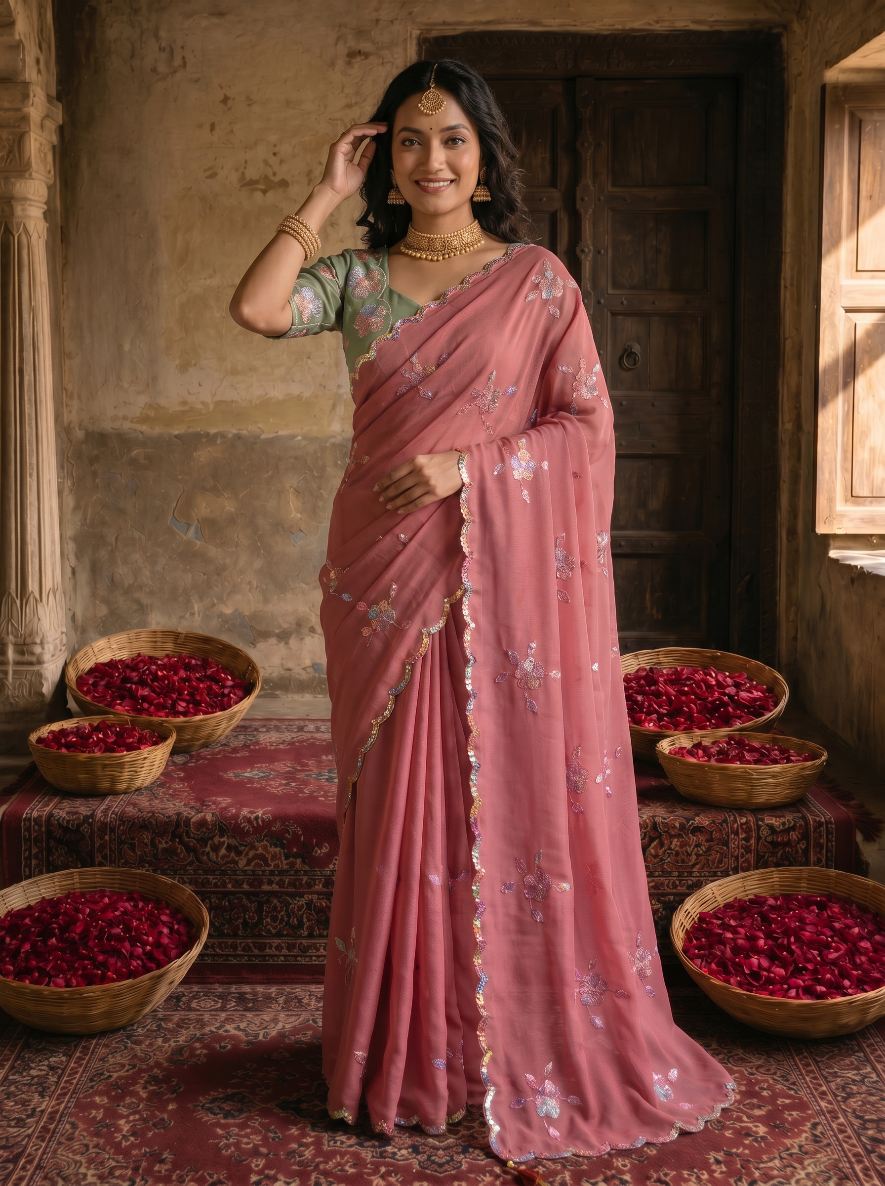 Dusty Rose Pink Georgette Embroidered Saree with Floral Sequin Work & Contrast Designer Blouse