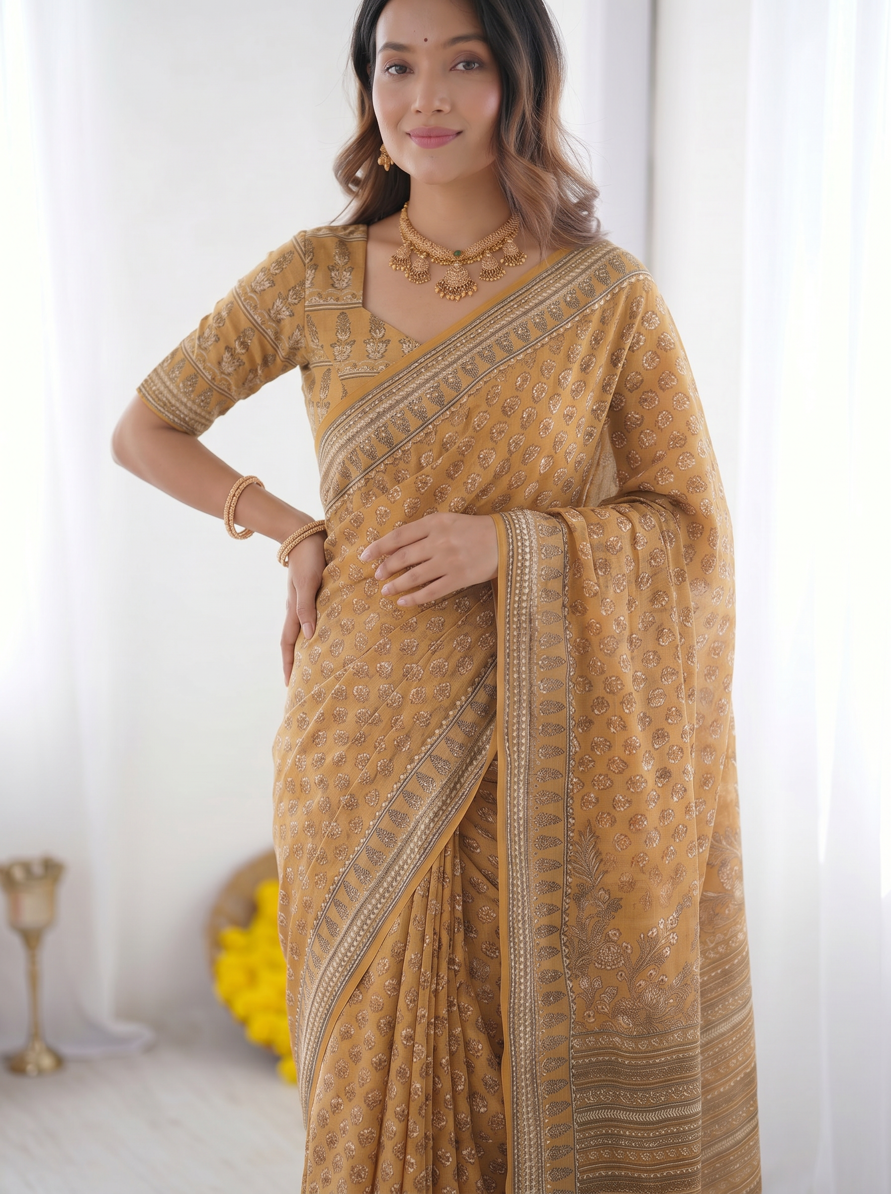 Mustard Yellow Modal Silk Saree with Traditional Floral Butti Prints, Heritage Border & Elegant Designer Pallu