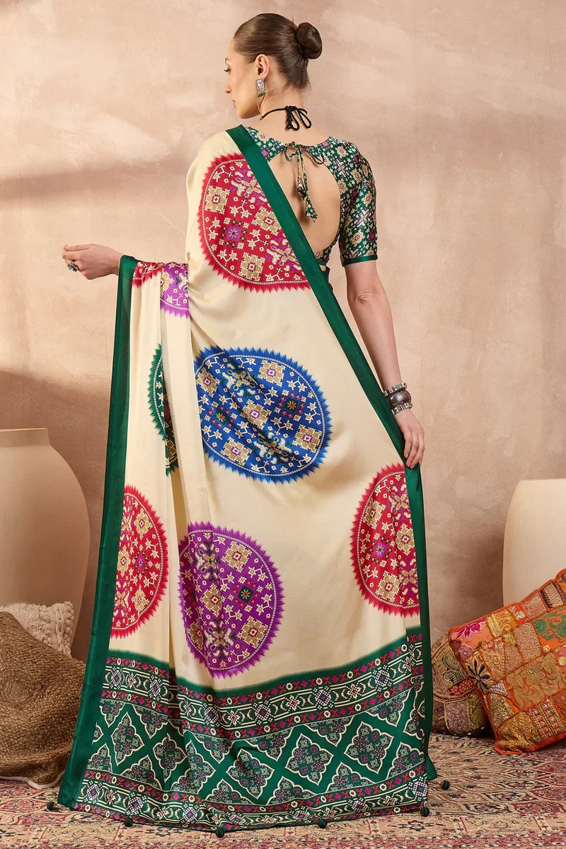 Cream Modal Silk Saree with Multicolor Patola-Inspired Print & Emerald Green Border | Traditional Festive Wear Saree
