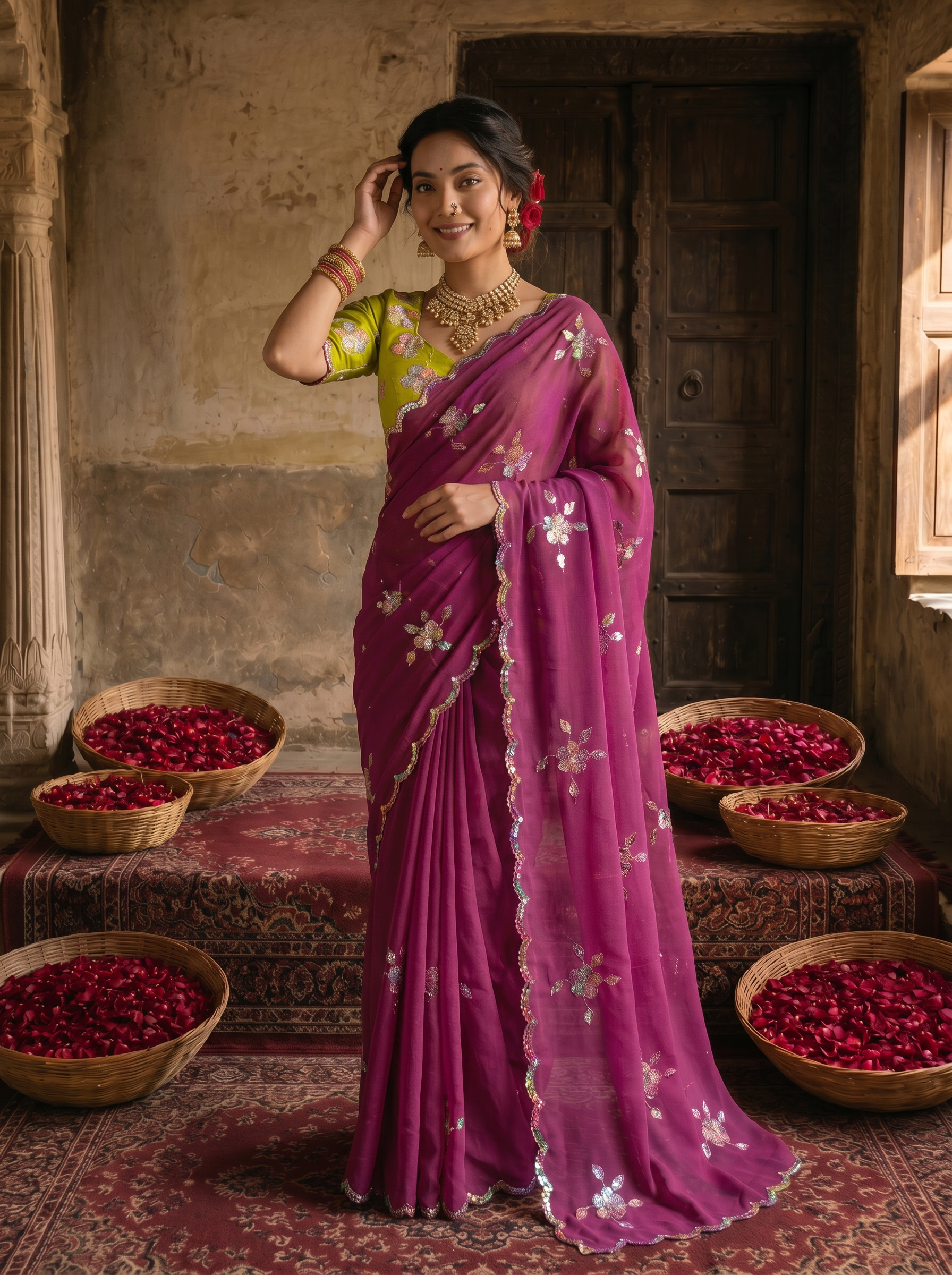 Magenta Purple Georgette Embroidered Saree with Floral Sequin Work & Contrast Lime Green Blouse