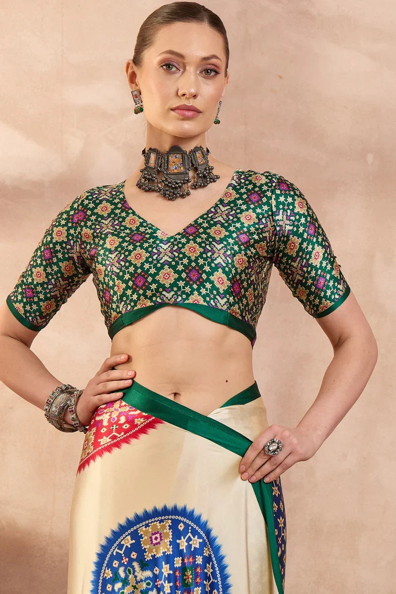 Cream Modal Silk Saree with Multicolor Patola-Inspired Print & Emerald Green Border | Traditional Festive Wear Saree