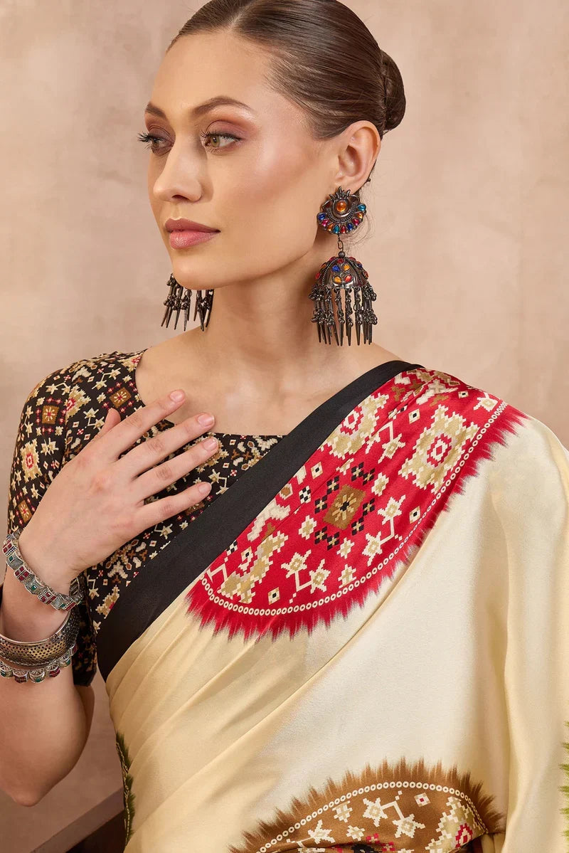 Ivory Cream Modal Silk Saree with Patola-Inspired Multicolor Print & Black Designer Pallu | Festive & Traditional Wear Saree