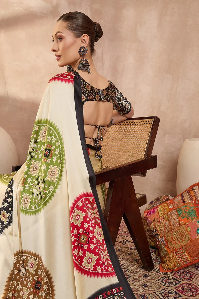 Ivory Cream Modal Silk Saree with Patola-Inspired Multicolor Print & Black Designer Pallu | Festive & Traditional Wear Saree