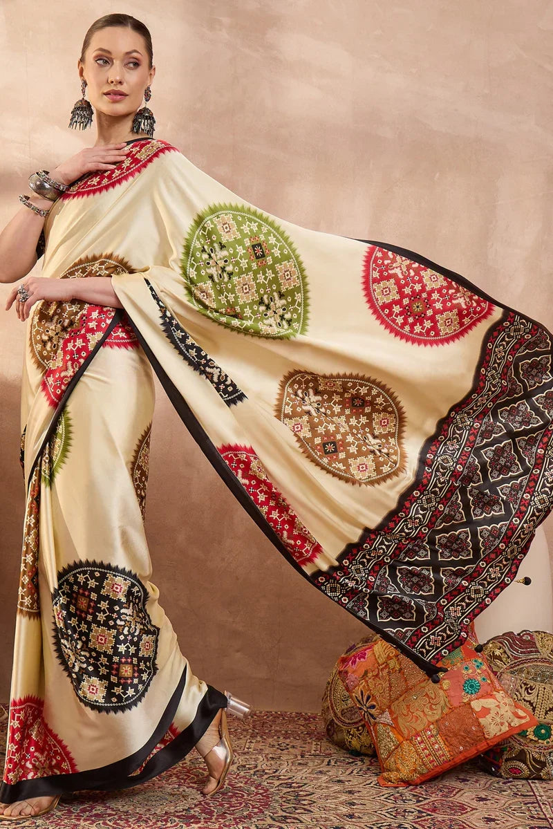 Ivory Cream Modal Silk Saree with Patola-Inspired Multicolor Print & Black Designer Pallu | Festive & Traditional Wear Saree