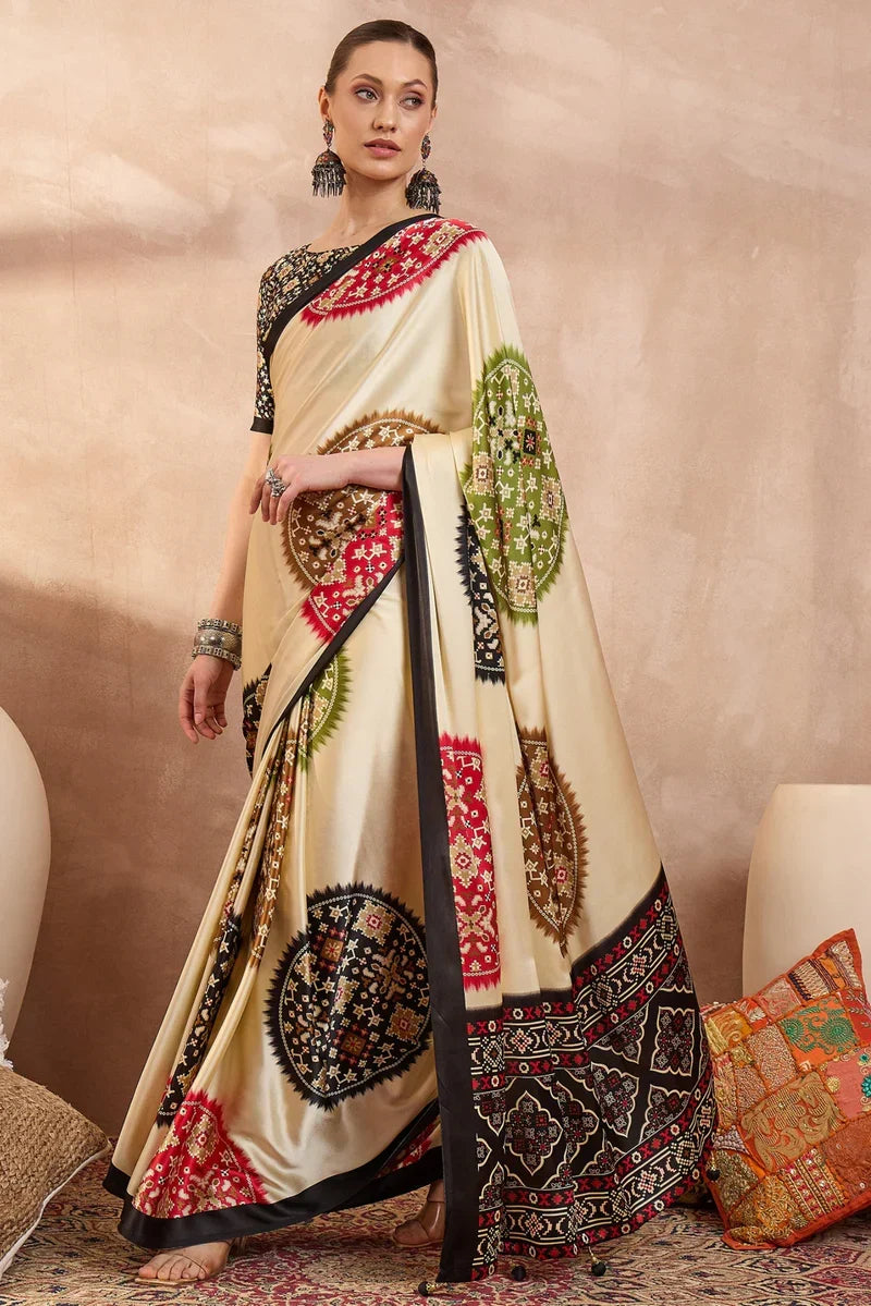 Ivory Cream Modal Silk Saree with Patola-Inspired Multicolor Print & Black Designer Pallu | Festive & Traditional Wear Saree
