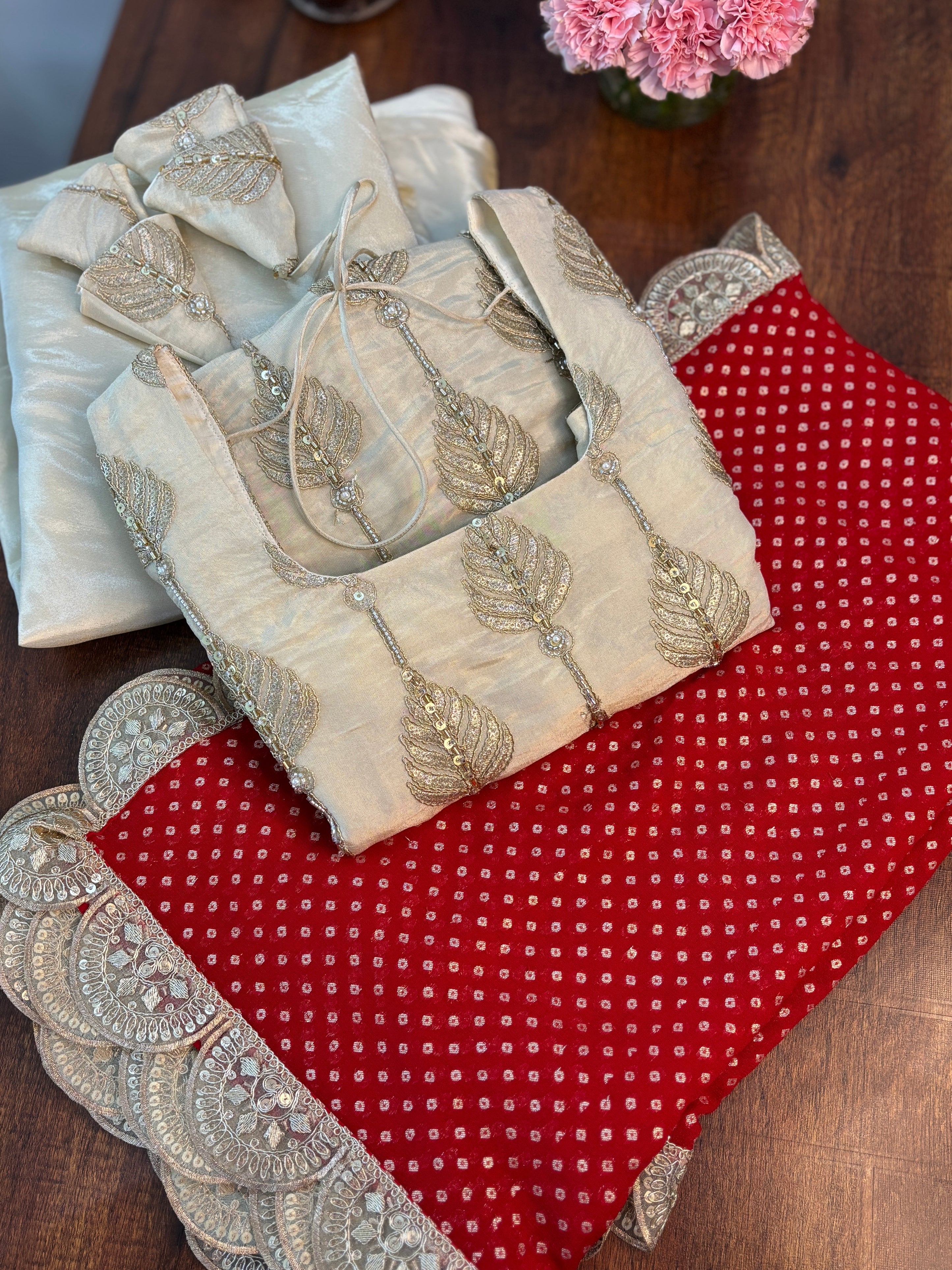 Ivory Silk Sharara Set with Golden Thread Embroidery & Red Bandhej Dupatta – Festive & Wedding Wear