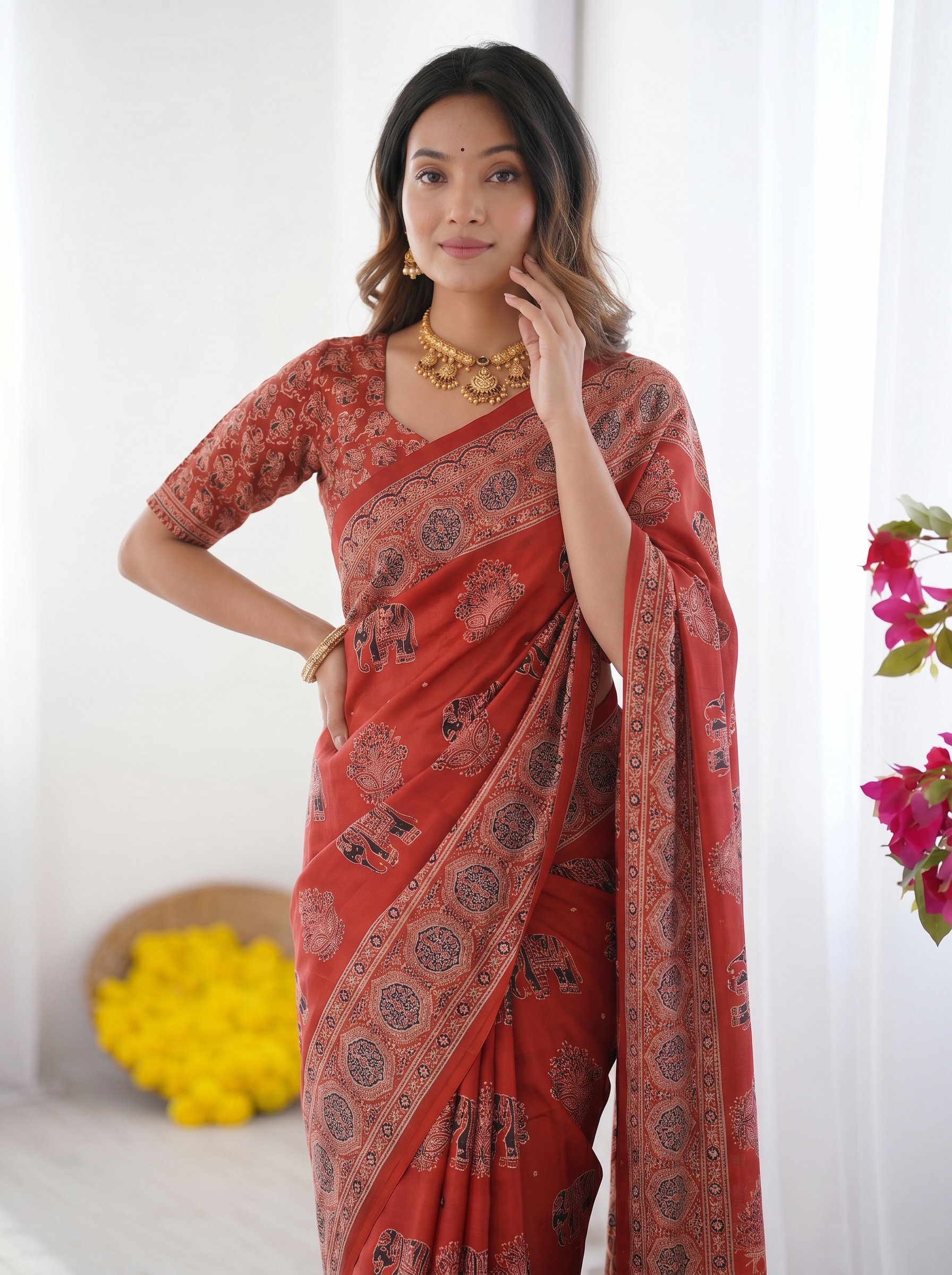 Rust Red Modal Silk Saree with Elephant Motif Ajrakh Print & Designer Pallu | Traditional Ethnic Festive Wear Saree