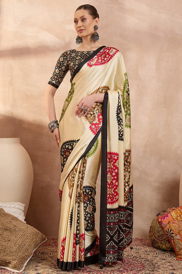 Ivory Cream Modal Silk Saree with Patola-Inspired Multicolor Print & Black Designer Pallu | Festive & Traditional Wear Saree