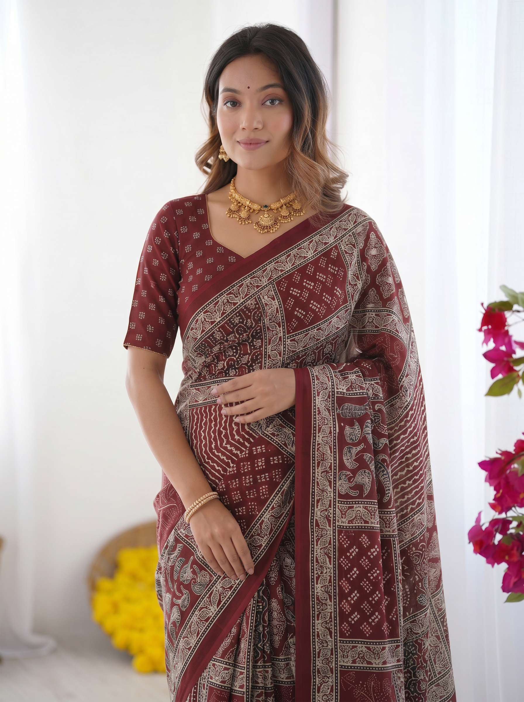 Maroon Modal Silk Saree with Tribal & Geometric Print | Designer Ethnic Pallu Saree for Festive & Cultural Wear