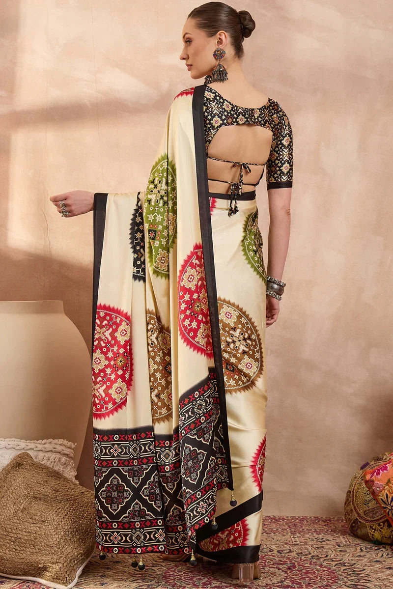 Ivory Cream Modal Silk Saree with Patola-Inspired Multicolor Print & Black Designer Pallu | Festive & Traditional Wear Saree
