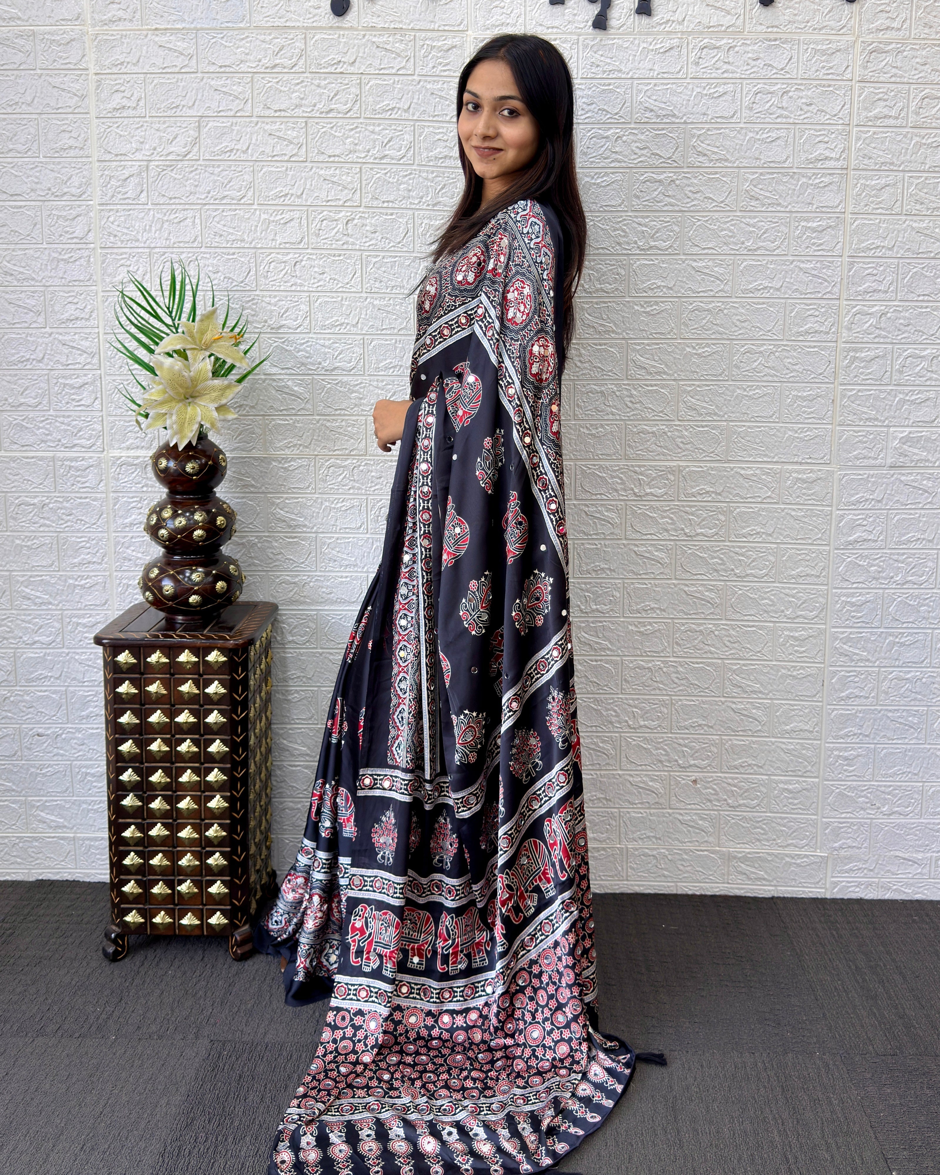Black Modal Silk Saree with Elephant Motif Ajrakh Print & Heritage Designer Pallu | Traditional Festive Wear Saree