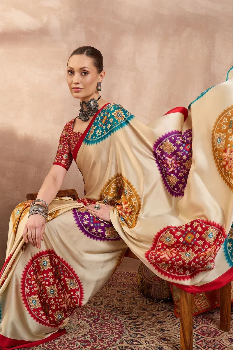 Cream Modal Silk Saree with Multicolor Patola-Inspired Print & Ruby Red Border | Designer Festive Wear Saree