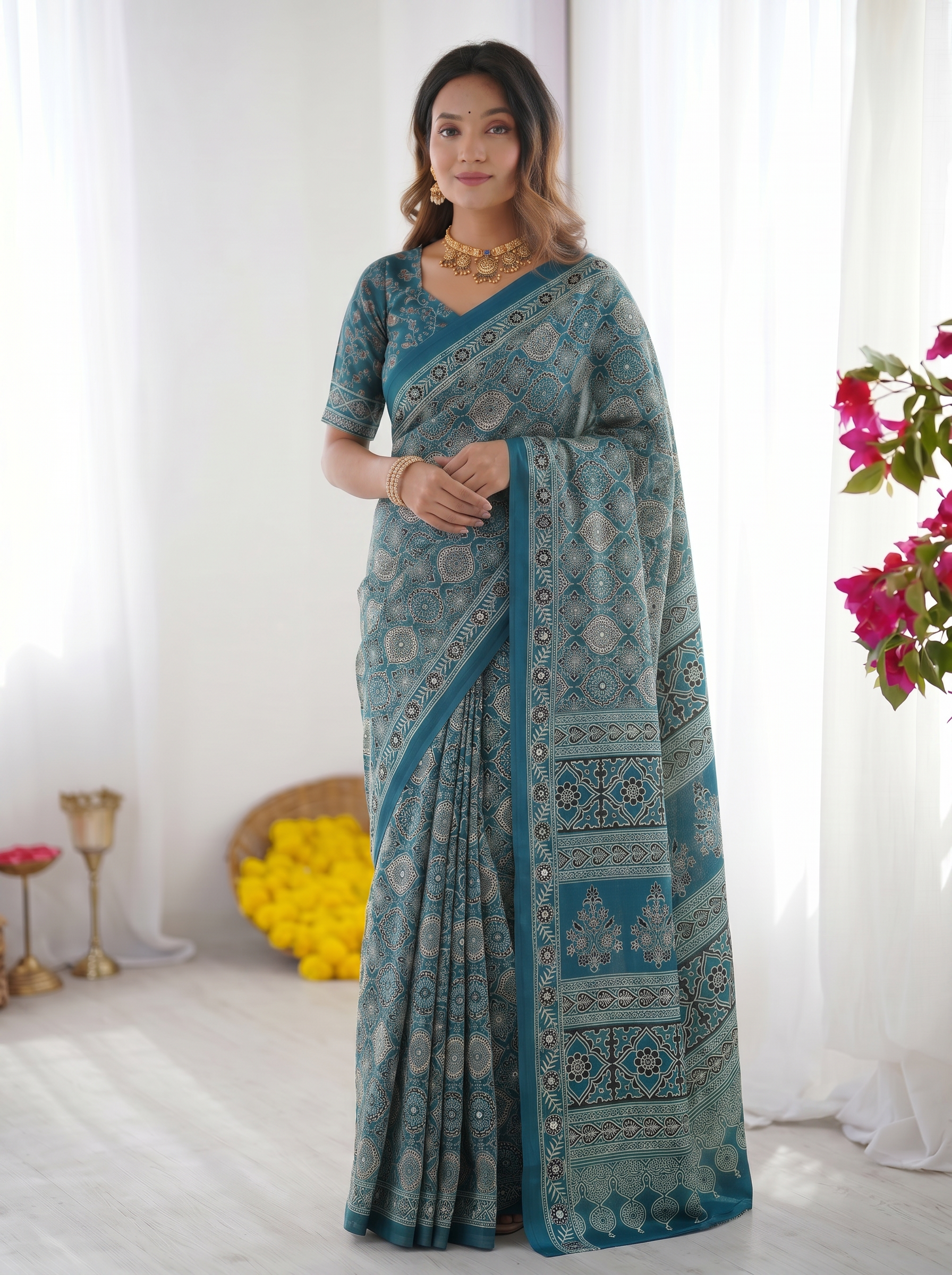 Teal Blue Modal Silk Saree with Heritage Geometric Motifs, Intricate Printed Border & Traditional Designer Pallu