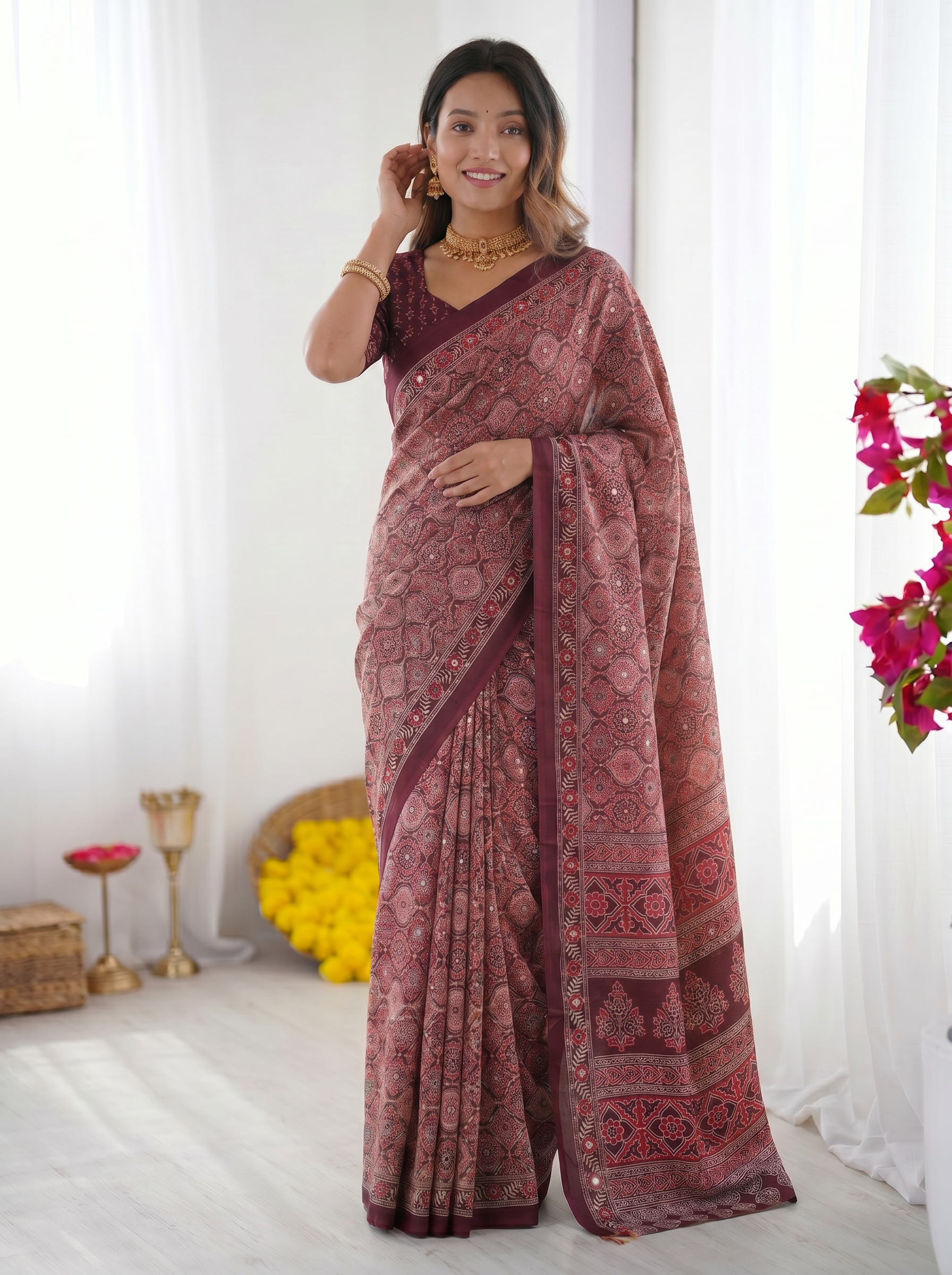 Dusty Mauve Modal Silk Saree with Intricate Heritage Geometric Prints, Traditional Designer Border & Rich Artistic Pallu