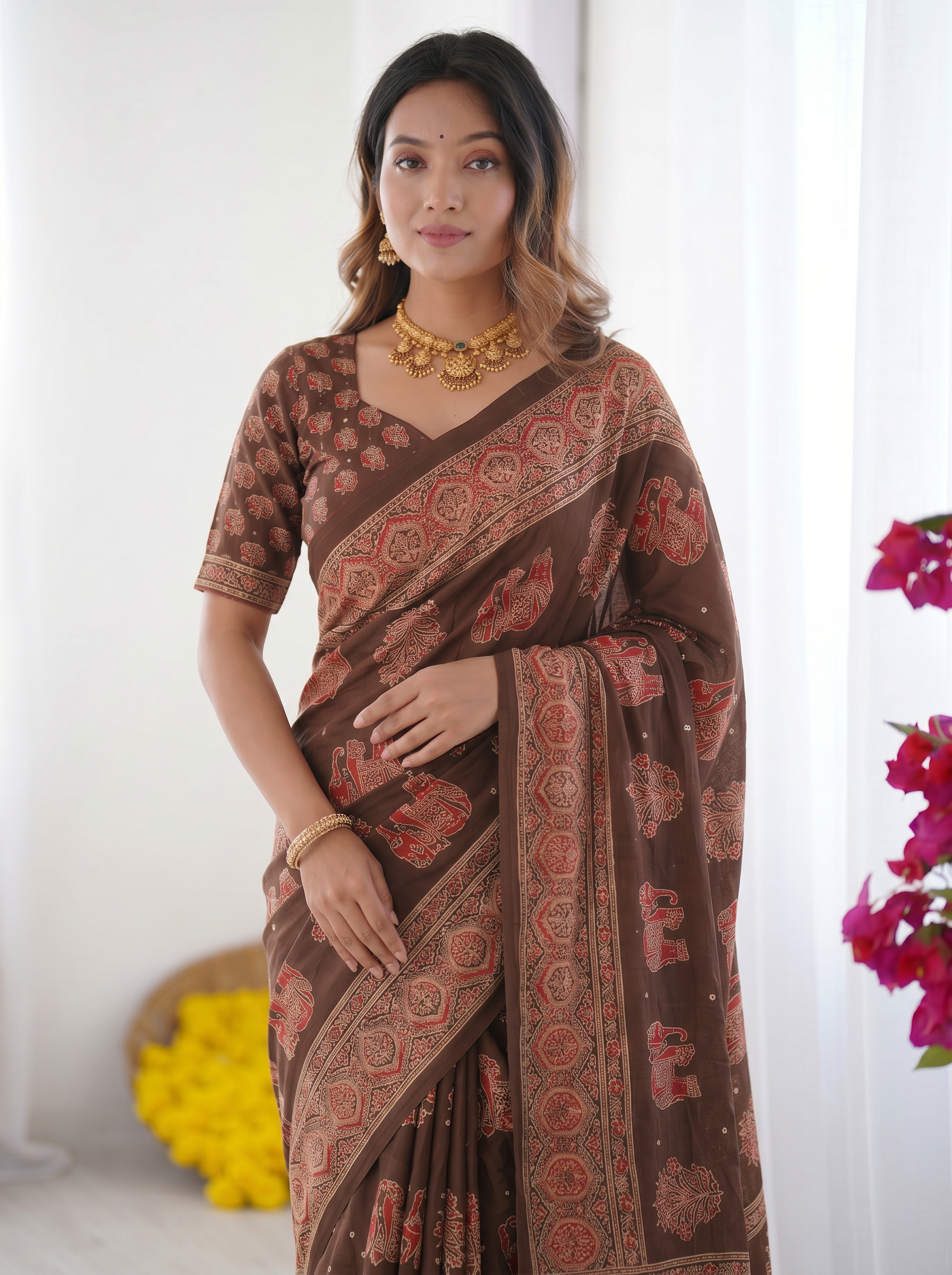 Chocolate Brown Modal Silk Saree with Elephant Motif Heritage Print & Designer Pallu | Traditional Festive Wear Saree