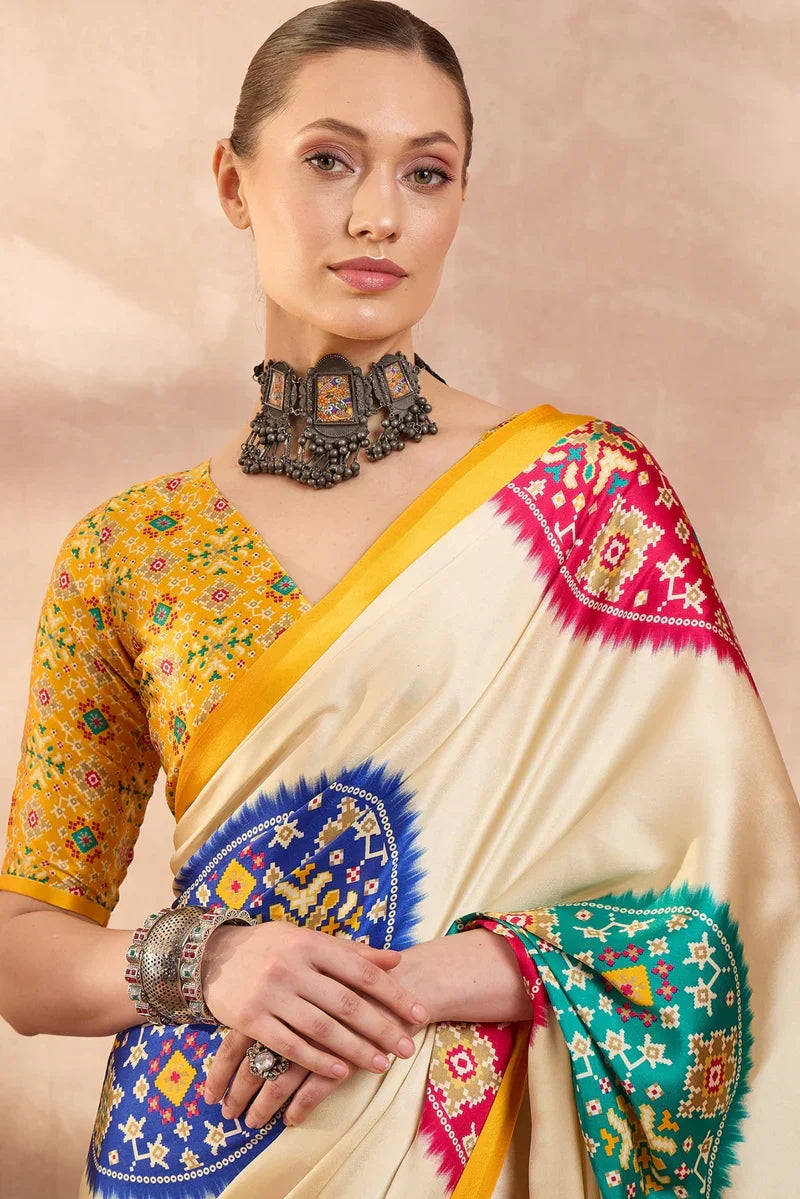 Ivory Cream Modal Silk Saree with Patola-Inspired Multicolor Print & Mustard Designer Pallu | Festive & Traditional Wear Saree