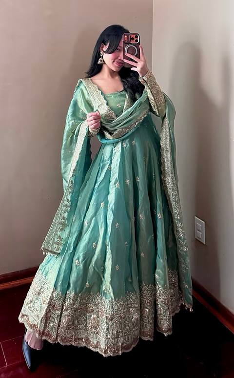 Elegant Sea Green Tissue Silk Anarkali Suit Set for Wedding & Festive Wear