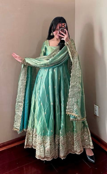 Elegant Sea Green Tissue Silk Anarkali Suit Set for Wedding & Festive Wear