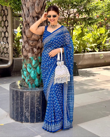 Steel Blue Modal Silk Saree with Delicate Floral Butti Prints, Traditional Heritage Border & Elegant Designer Pallu