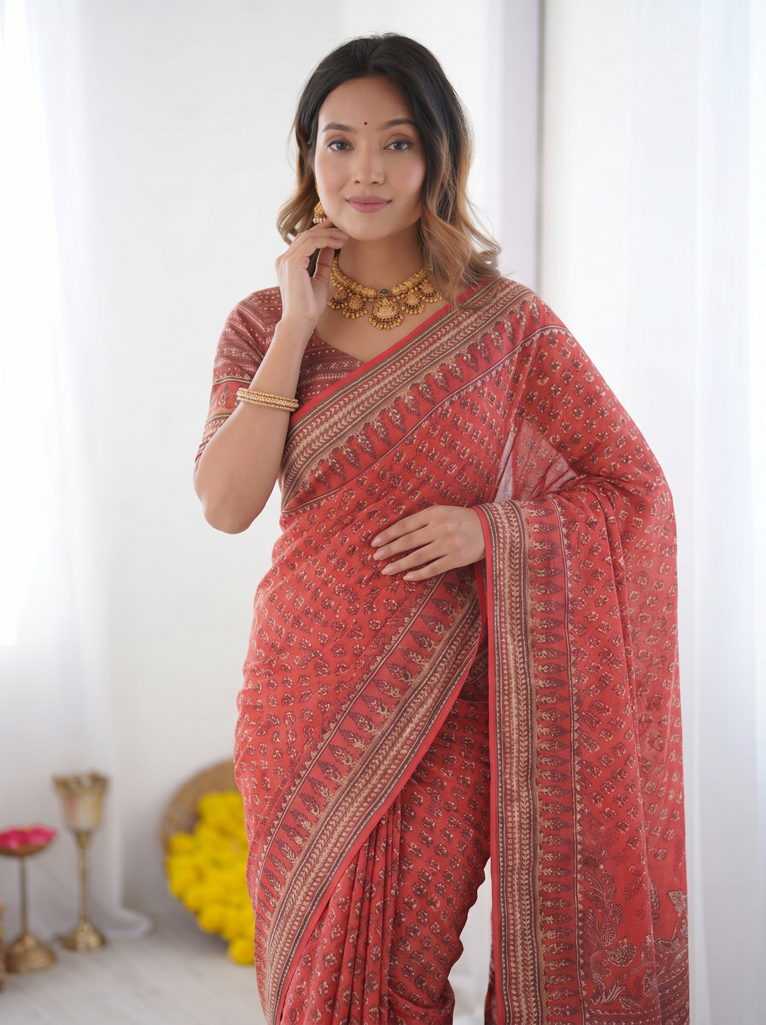 Coral Red Modal Silk Saree with Traditional Floral Butti Prints, Heritage Border & Elegant Ethnic Designer Pallu