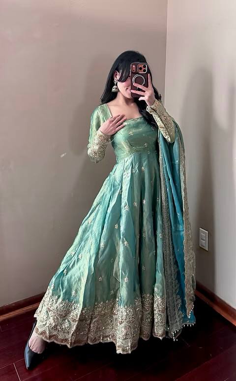 Elegant Sea Green Tissue Silk Anarkali Suit Set for Wedding & Festive Wear