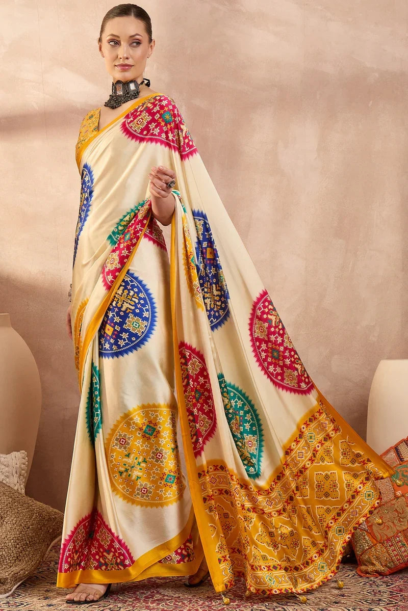 Ivory Cream Modal Silk Saree with Patola-Inspired Multicolor Print & Mustard Designer Pallu | Festive & Traditional Wear Saree