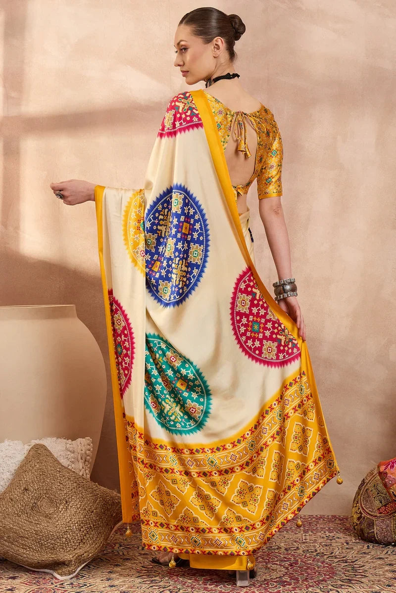 Ivory Cream Modal Silk Saree with Patola-Inspired Multicolor Print & Mustard Designer Pallu | Festive & Traditional Wear Saree