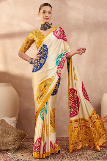 Ivory Cream Modal Silk Saree with Patola-Inspired Multicolor Print & Mustard Designer Pallu | Festive & Traditional Wear Saree