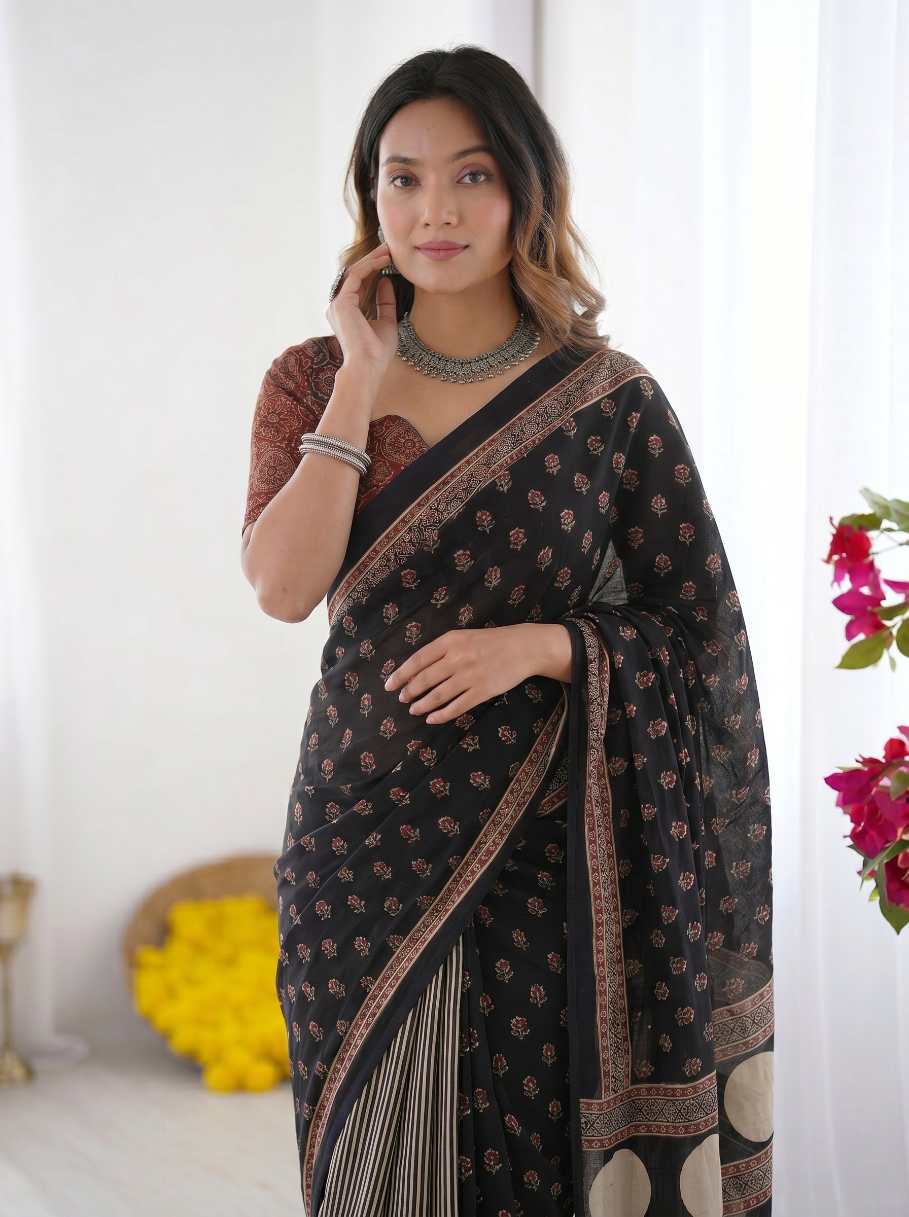 Black Modal Silk Saree with Floral Butti Prints, Striped Pleats & Statement Geometric Designer Pallu
