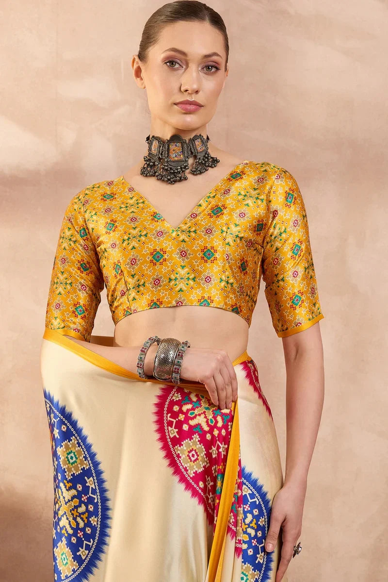 Ivory Cream Modal Silk Saree with Patola-Inspired Multicolor Print & Mustard Designer Pallu | Festive & Traditional Wear Saree