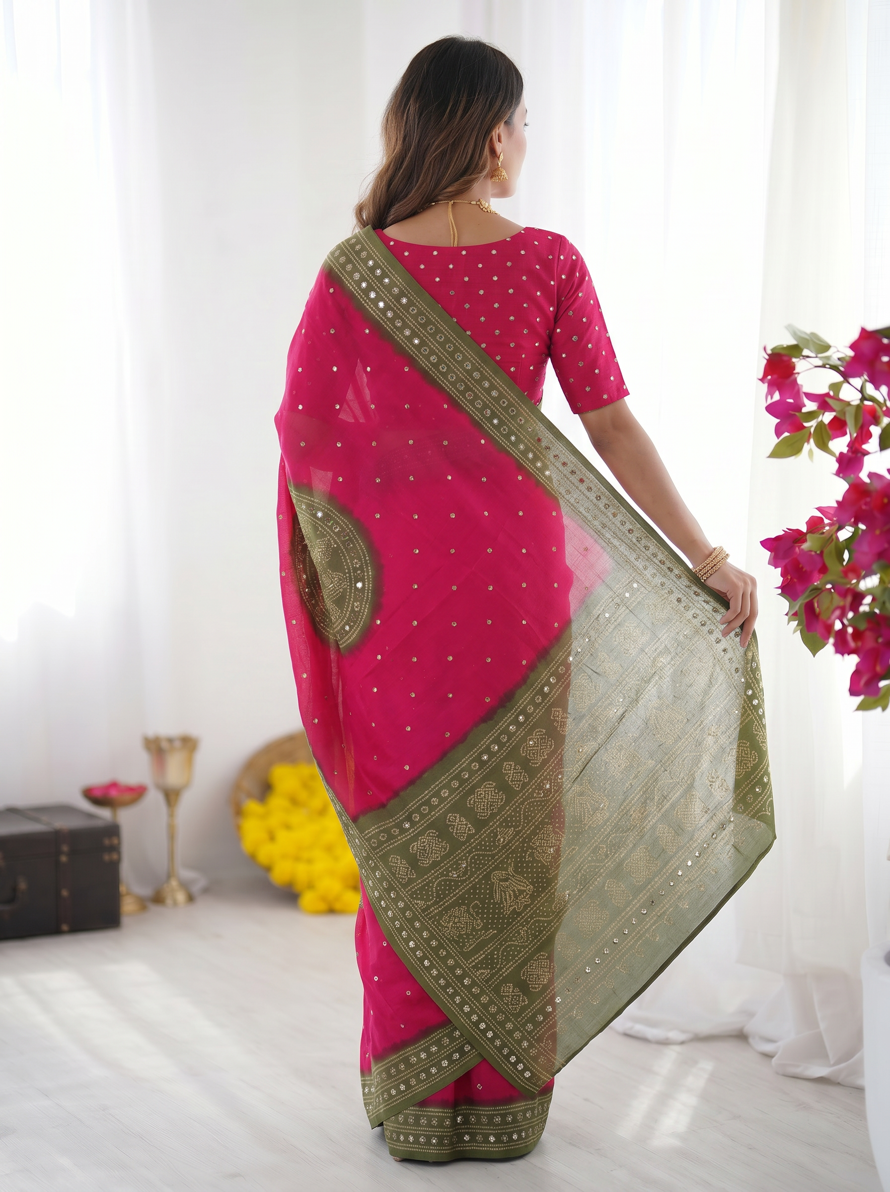 Rani Pink & Olive Green Bandhani Inspired Modal Silk Saree with Traditional Folk Print Pallu & Stone Embellishments
