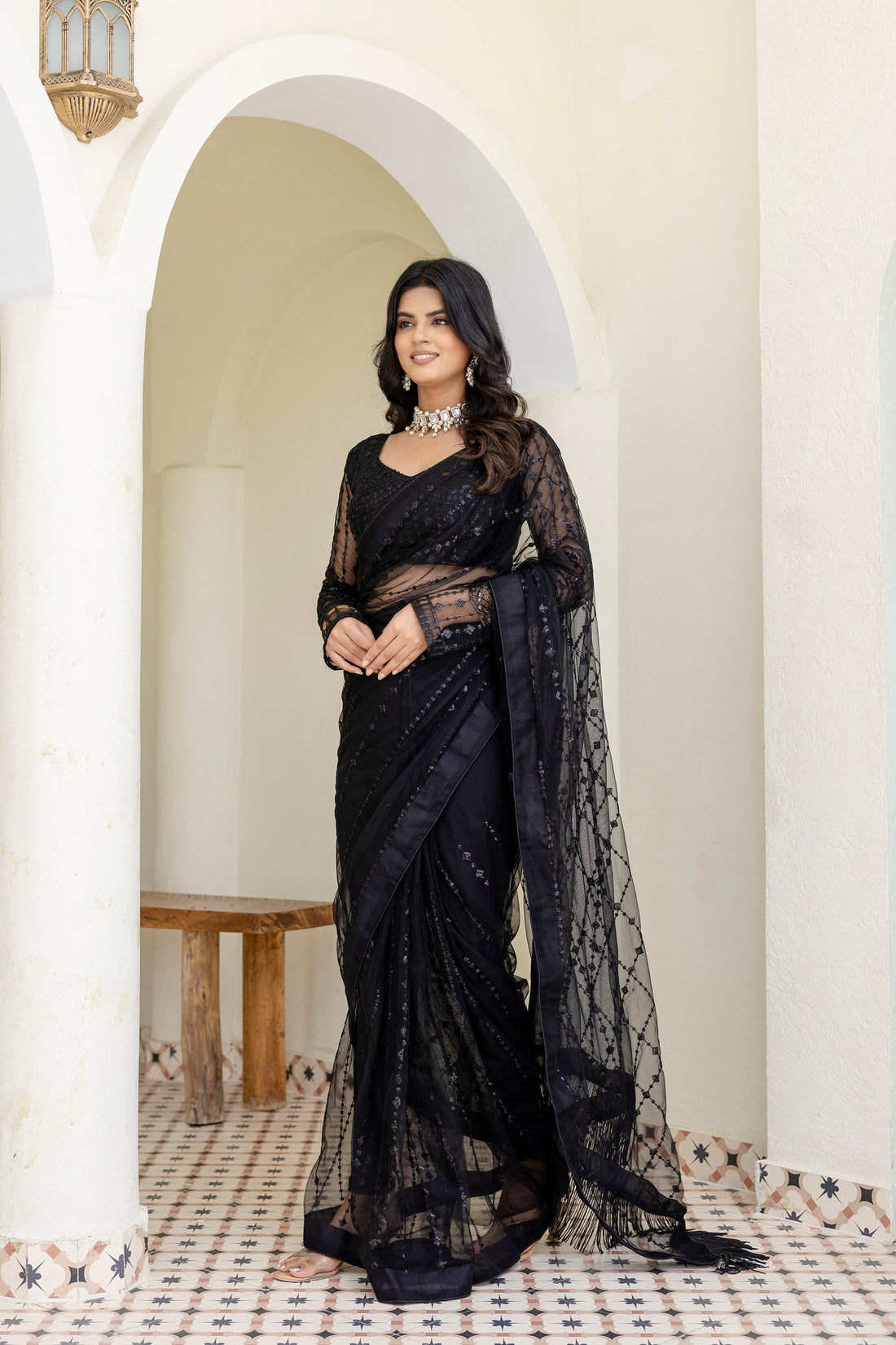 Luxury Designer Embroidered Mono Net Saree with Sequins Work