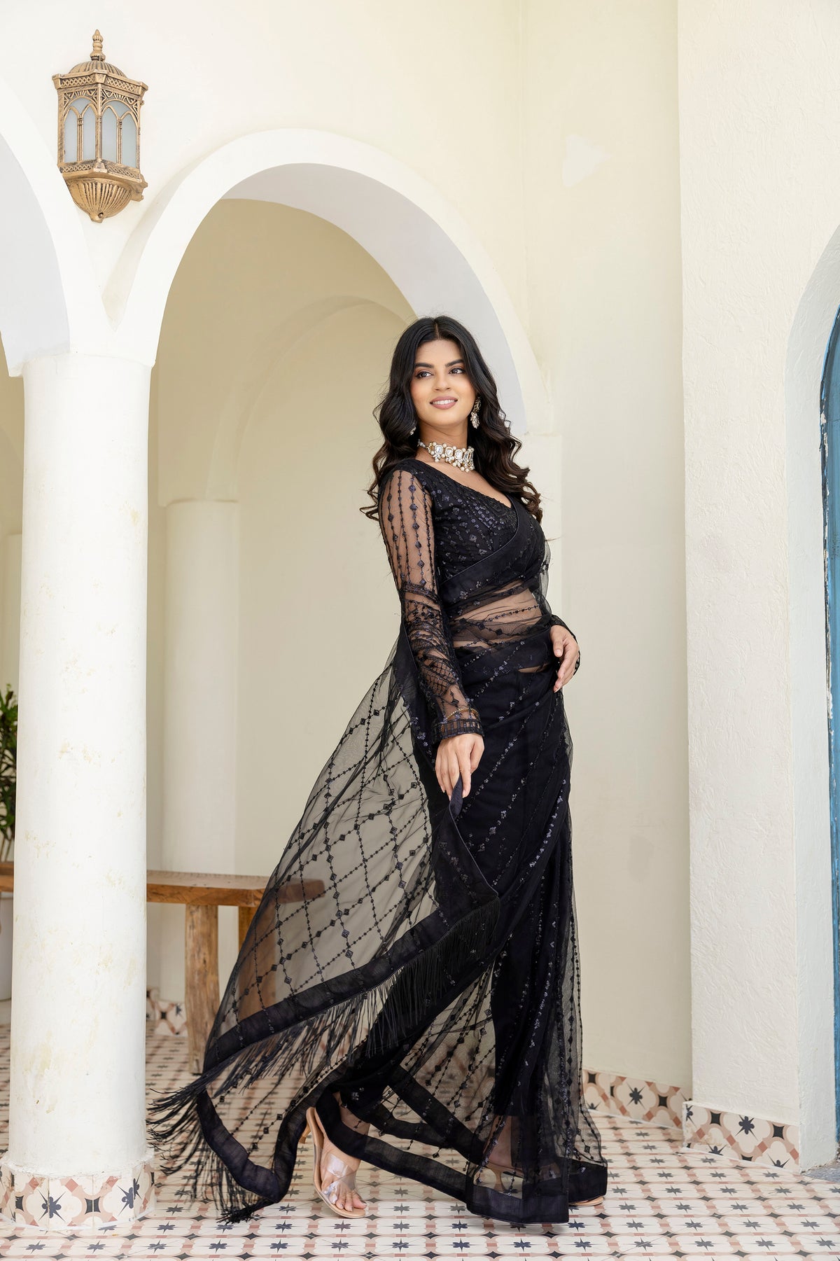 Luxury Designer Embroidered Mono Net Saree with Sequins Work