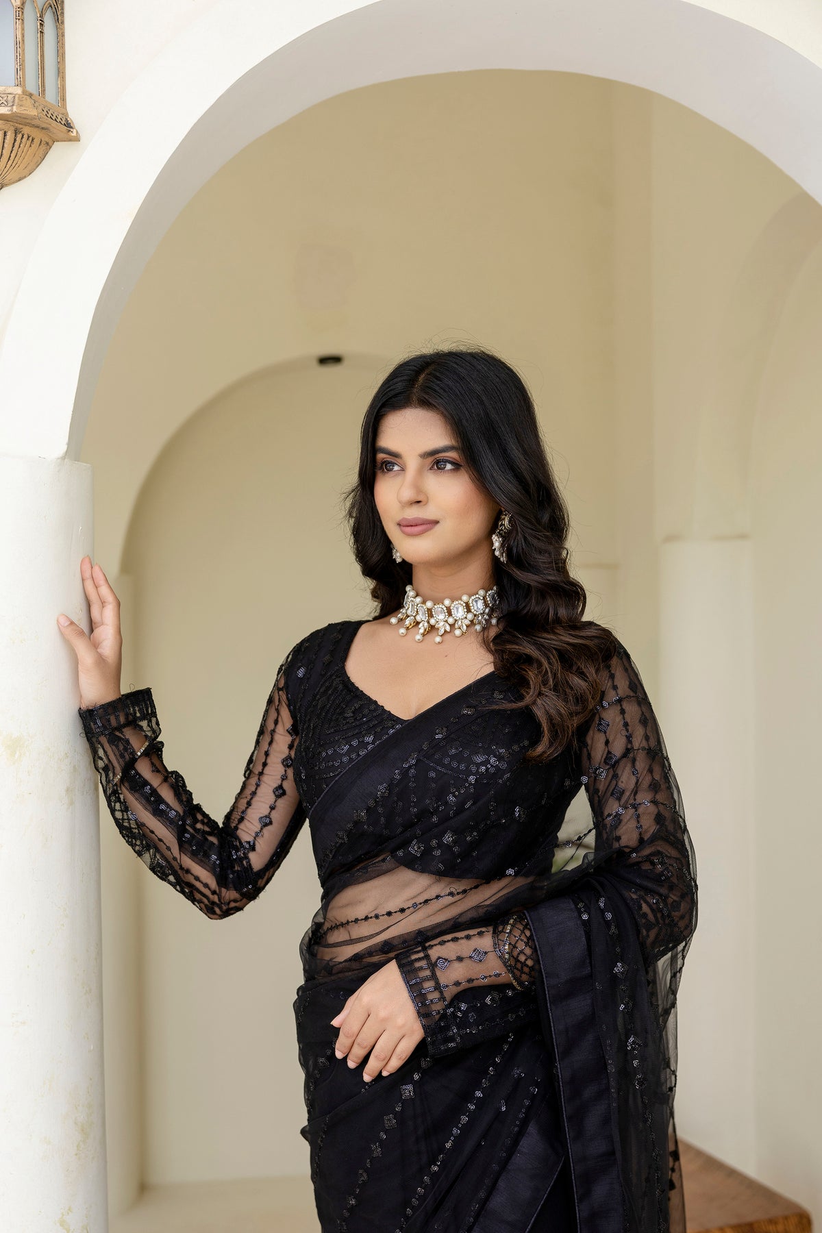 Luxury Designer Embroidered Mono Net Saree with Sequins Work